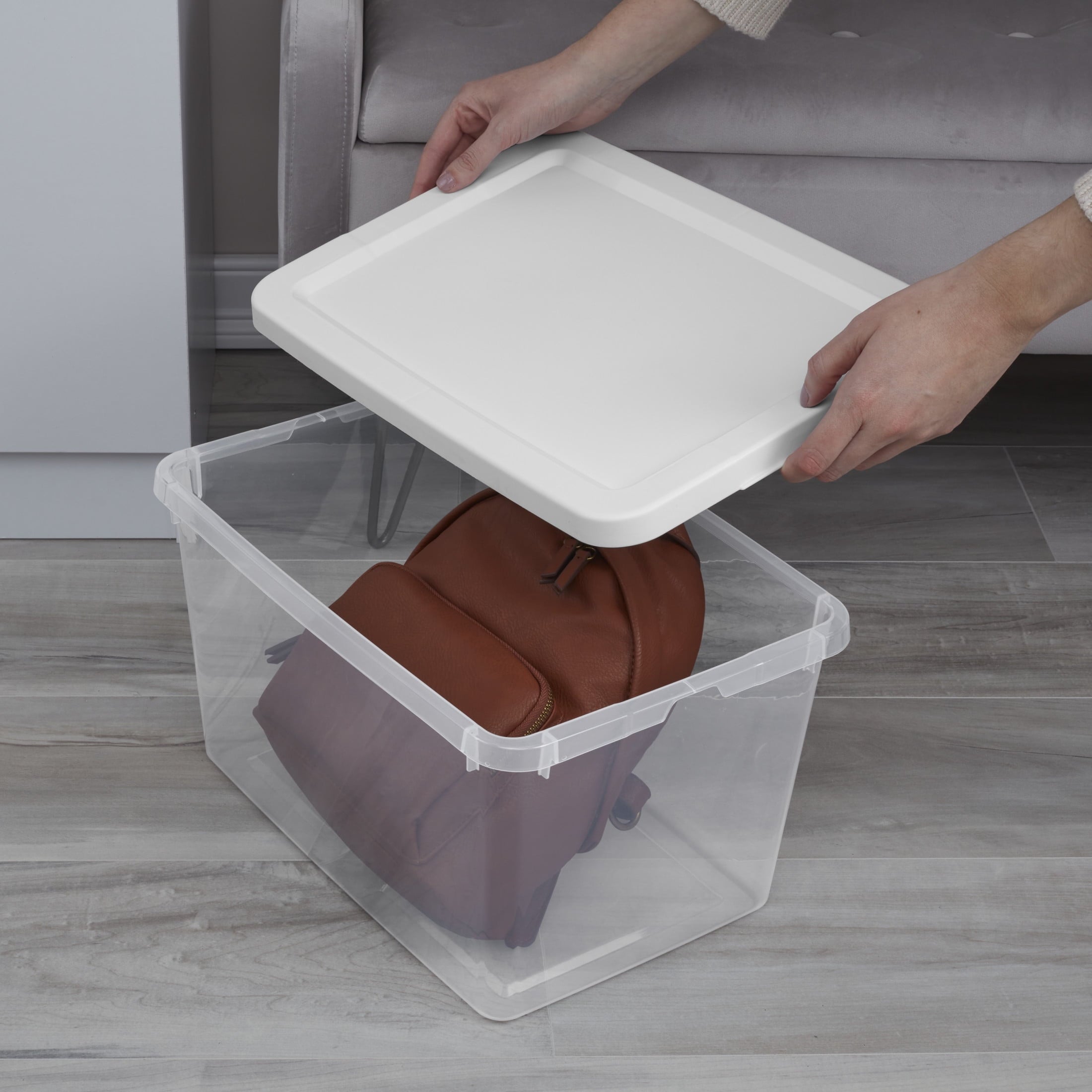 20 Quart Small Storage Bin, Clear Plastic Storage Container with Snap-On Lid, White