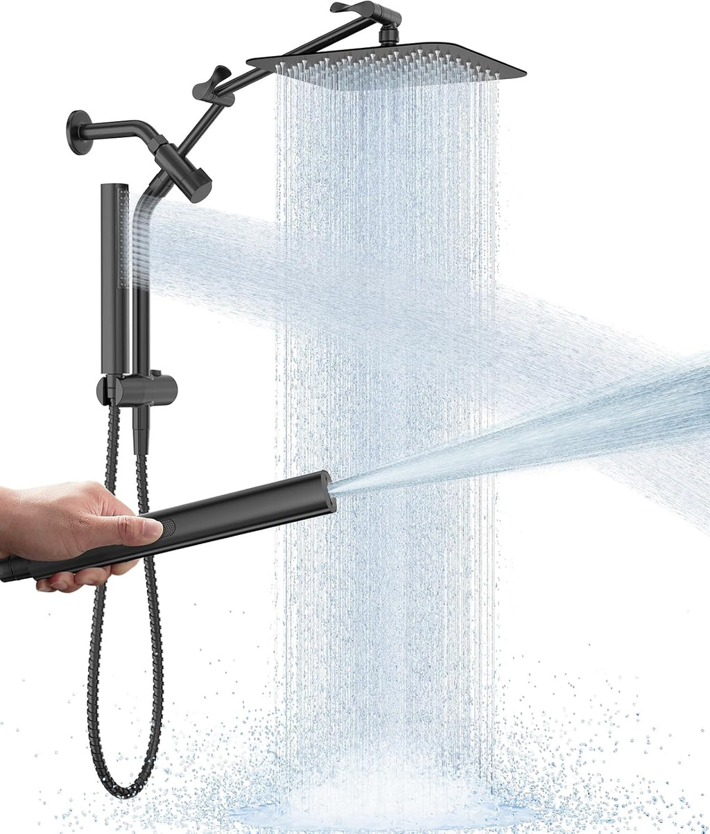 Veken All Metal 10" Black Shower Head with Handheld, Luxurious Square Double Rain Shower Heads with Power Wash Hand Held,Dual High Pressure Detachable Rainfall Showerhead with Arm,Bathroom,Matte Black