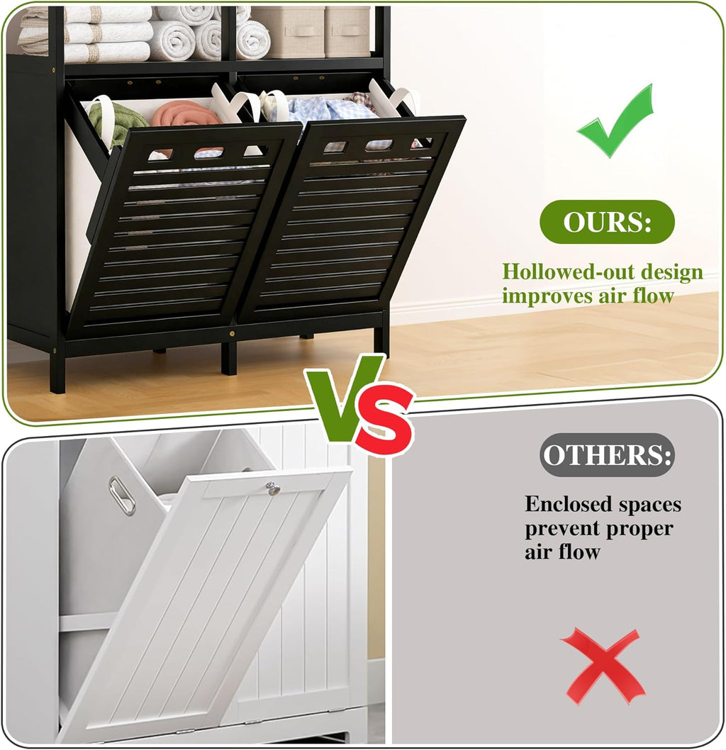 VASMIA Tilt Out Laundry Hamper Cabinet, Bamboo Double Laundry Hamper with 2 Removable Laundry Baskets, 20 Gal Laundry Sorter Organizer with Shelf for Dirty Clothes, Bathroom, Laundry Room, Black