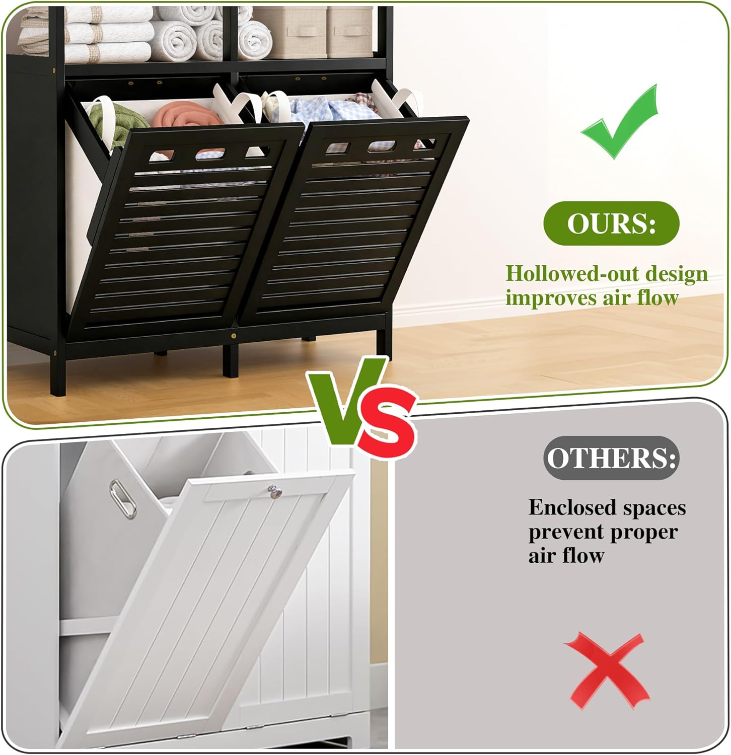 VASMIA Tilt Out Laundry Hamper Cabinet, Bamboo Double Laundry Hamper with 2 Removable Laundry Baskets, 20 Gal Laundry Sorter Organizer with Shelf for Dirty Clothes, Bathroom, Laundry Room, Black