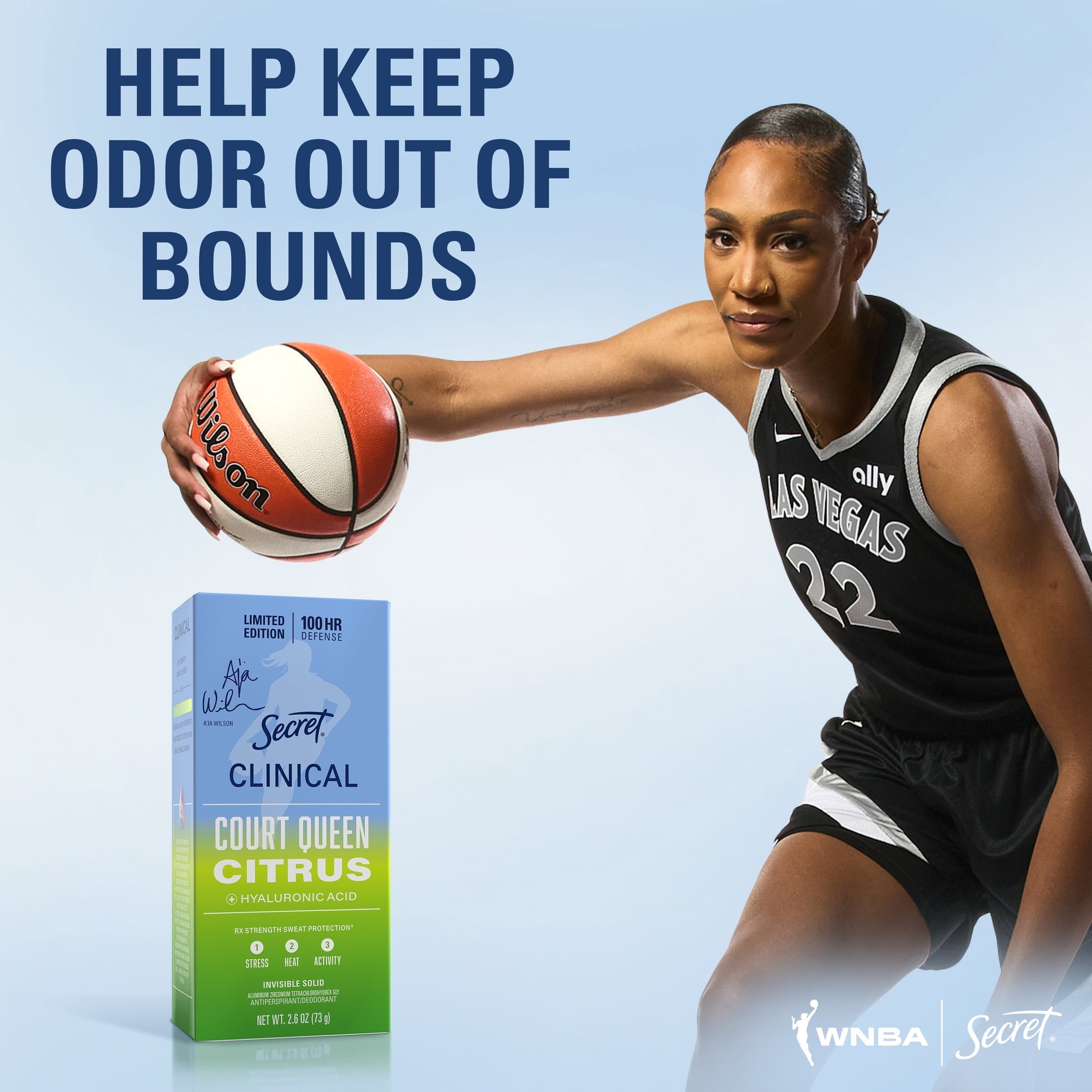 Clinical Strength 100HR Hyaluronic Acid Antiperspirant Deodorant for Women, Invisible Solid, A'Ja Wilson Court Queen Citrus, 2.6 oz