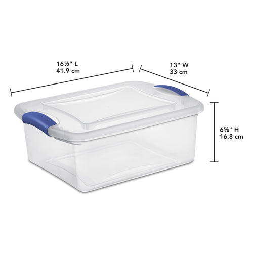 15 Quart Small Latching Storage Bin, Clear Plastic Storage Container with Latch Lid, Blue