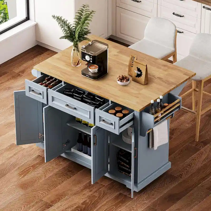 54 Large Kitchen Island with Rubber Wood Drop Leaf, Embossed Texture Rolling Kitchen Cart on 4 Wheels with 4 Doors & 3 Drawers