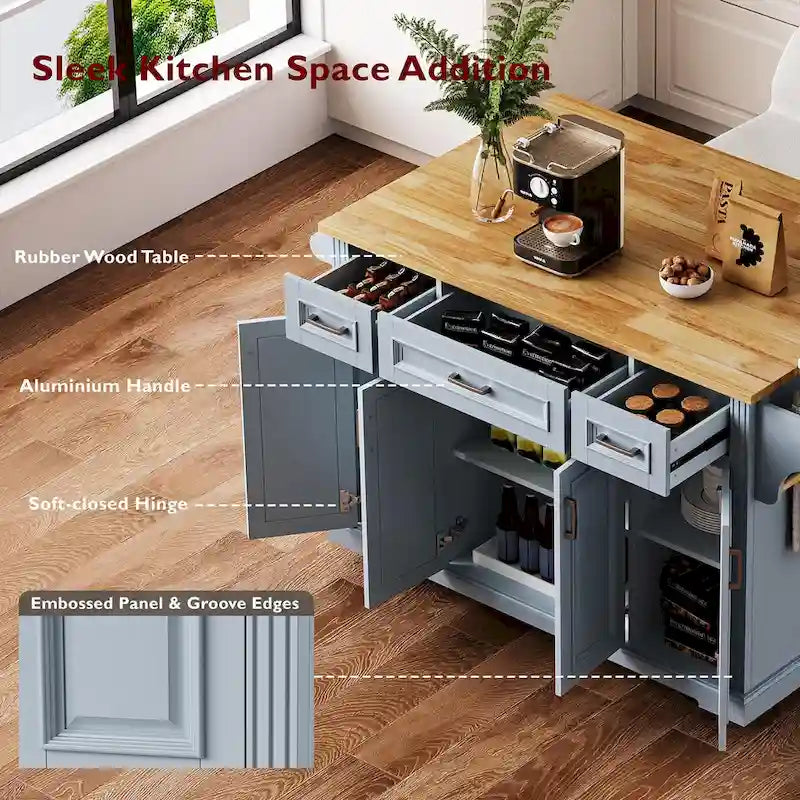 54 Large Kitchen Island with Rubber Wood Drop Leaf, Embossed Texture Rolling Kitchen Cart on 4 Wheels with 4 Doors & 3 Drawers