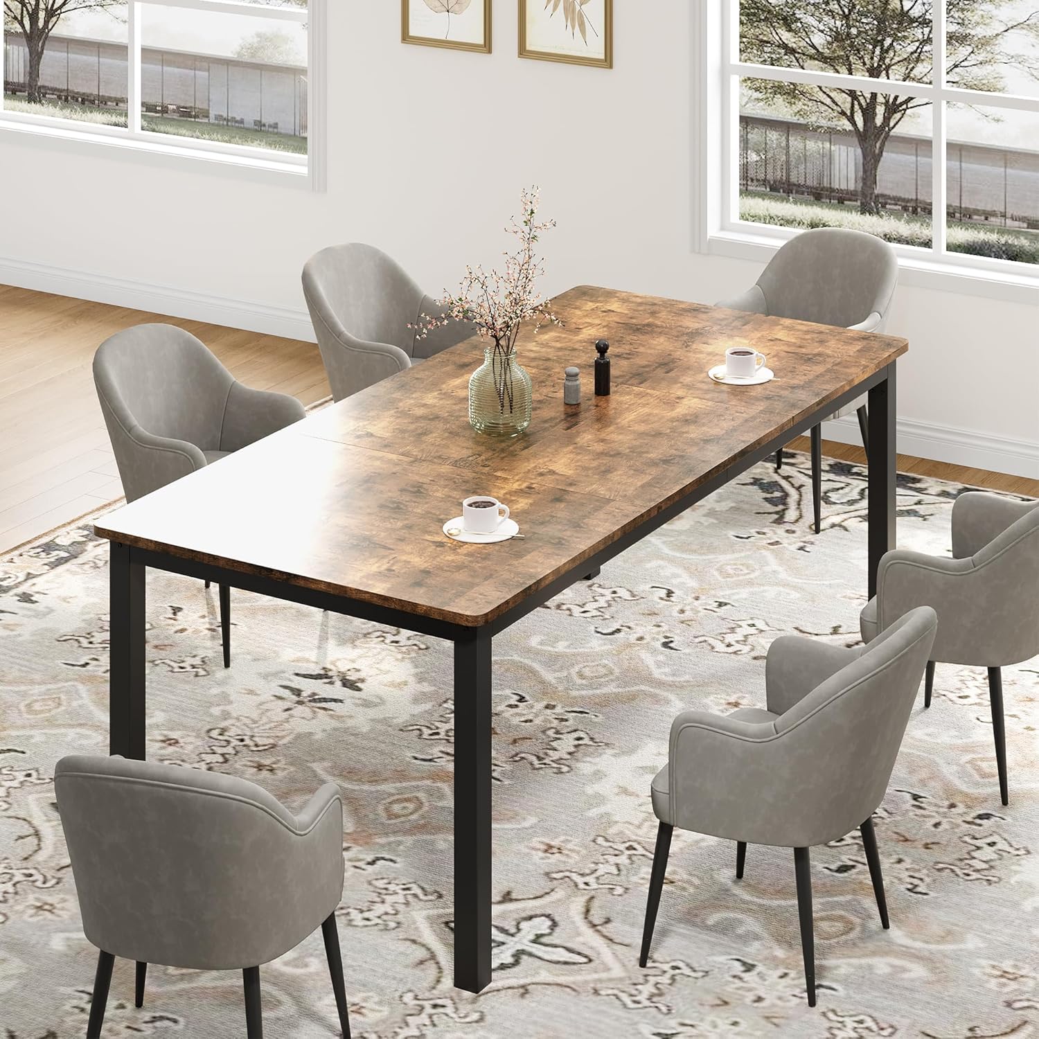 71 Inch Industrial Dining Table, Large Rectangle Kitchen Table with Metal Legs, Round Corners, Wooden Conference Tables Writing Desk for Dining Room, Living Room, Retro Brown