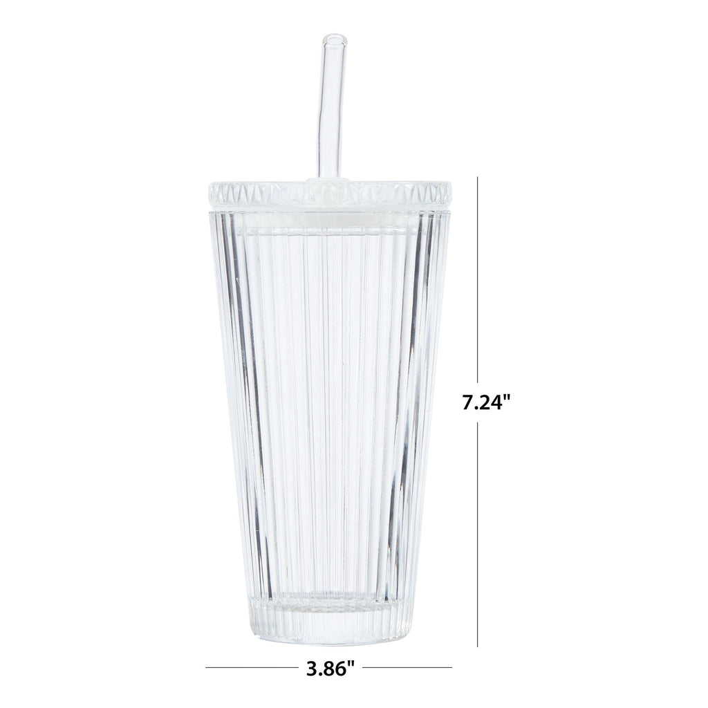 Better Homes & Gardens Glass 21oz Tumbler Ribbed with Glass Lid and Straw