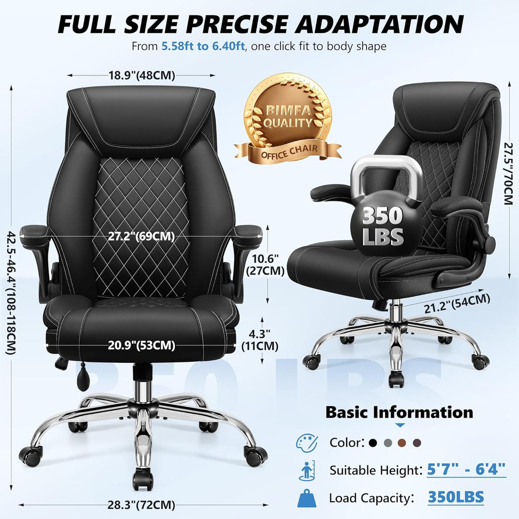 Office Chair, Big and Tall Ergonomic Desk Chair, Executive Leather Computer Chair with Adjustable Lumbar Support, Comfy Gaming Chair with Flip Up Arms, Swivel PC Chair with Rocking Function, Black