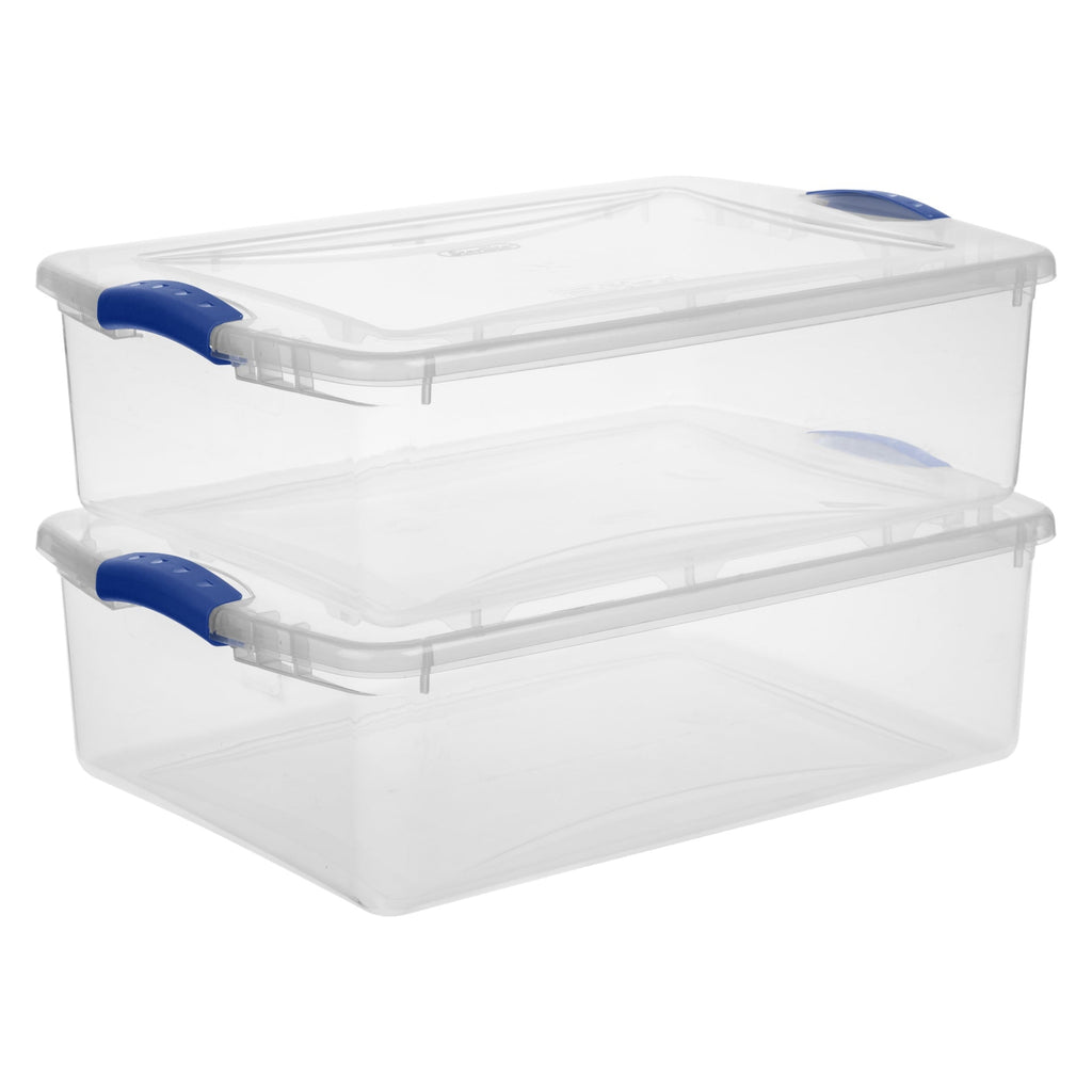 32 Quart Medium Latching Storage Bin, Clear Plastic Storage Container with Latch Lid, Blue