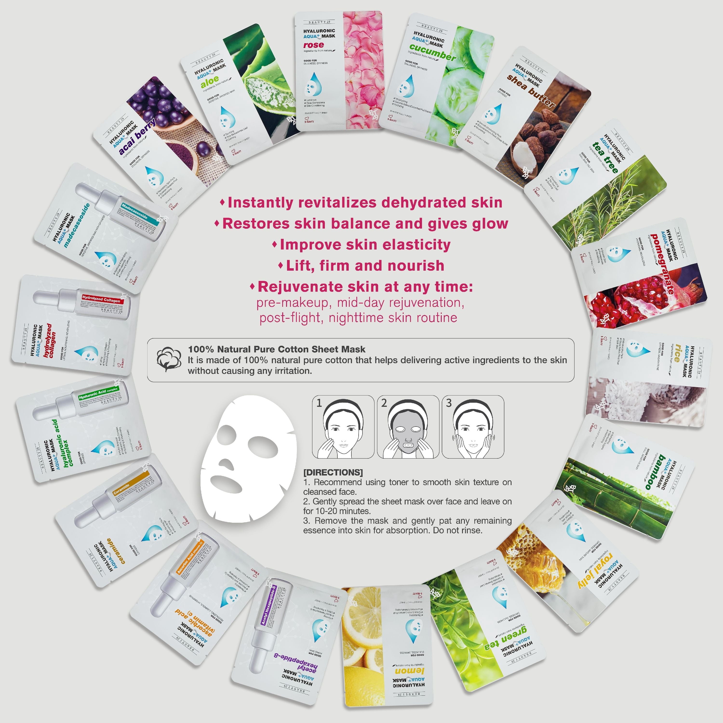 BEAUTY29 Hyaluronic Aqua Plus Essence Full Face Facial Sheet Mask 18 Sheets Combo Pack