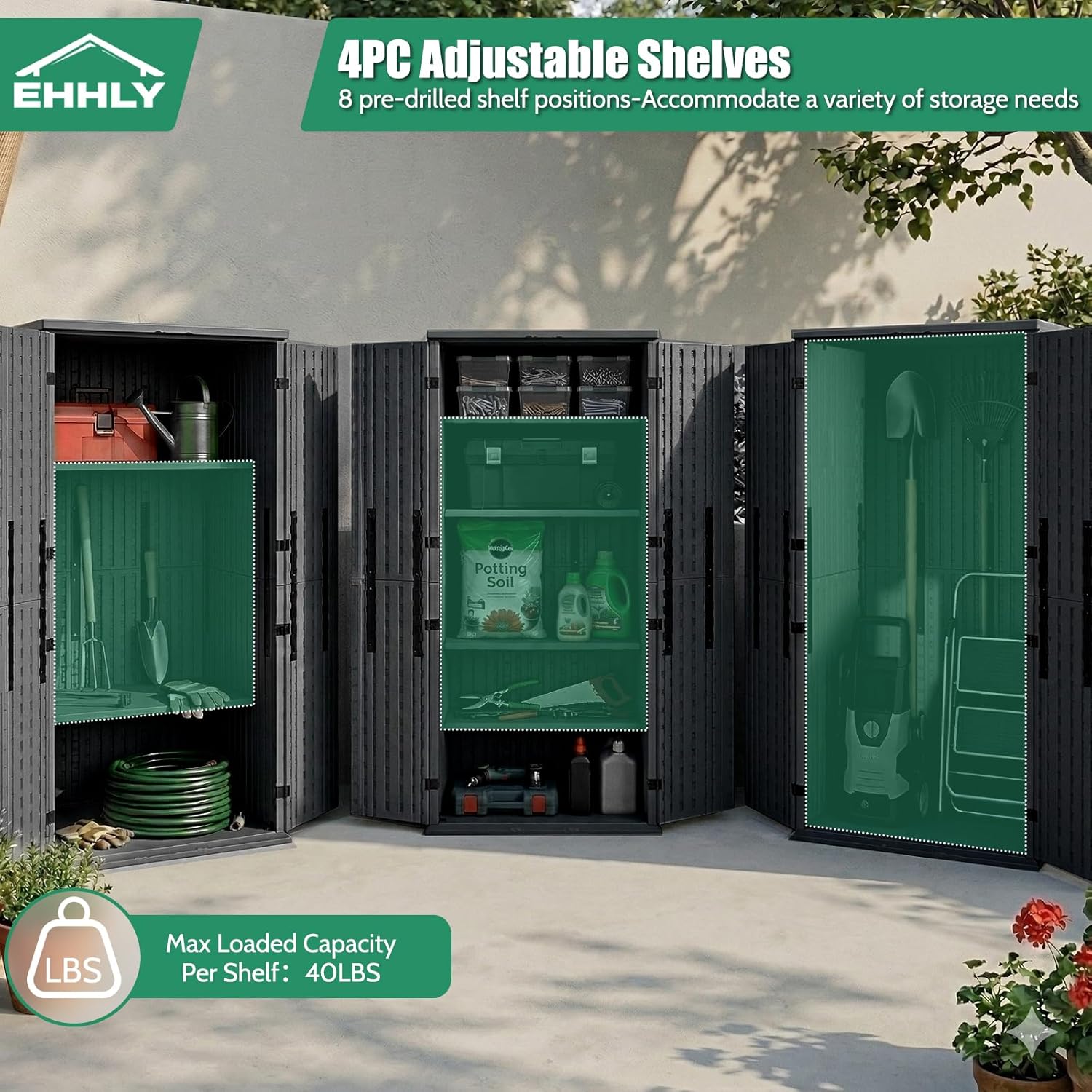 EHHLY Heavy Duty Tall Storage Cabinet Outdoor Weatherproof, 28 Cuft Garage Storage Cabinet with 4 Adjustable Shelves, Lockable Kitchen Pantry Closer Organizer, 31Wx23Lx66H, Sage Grey