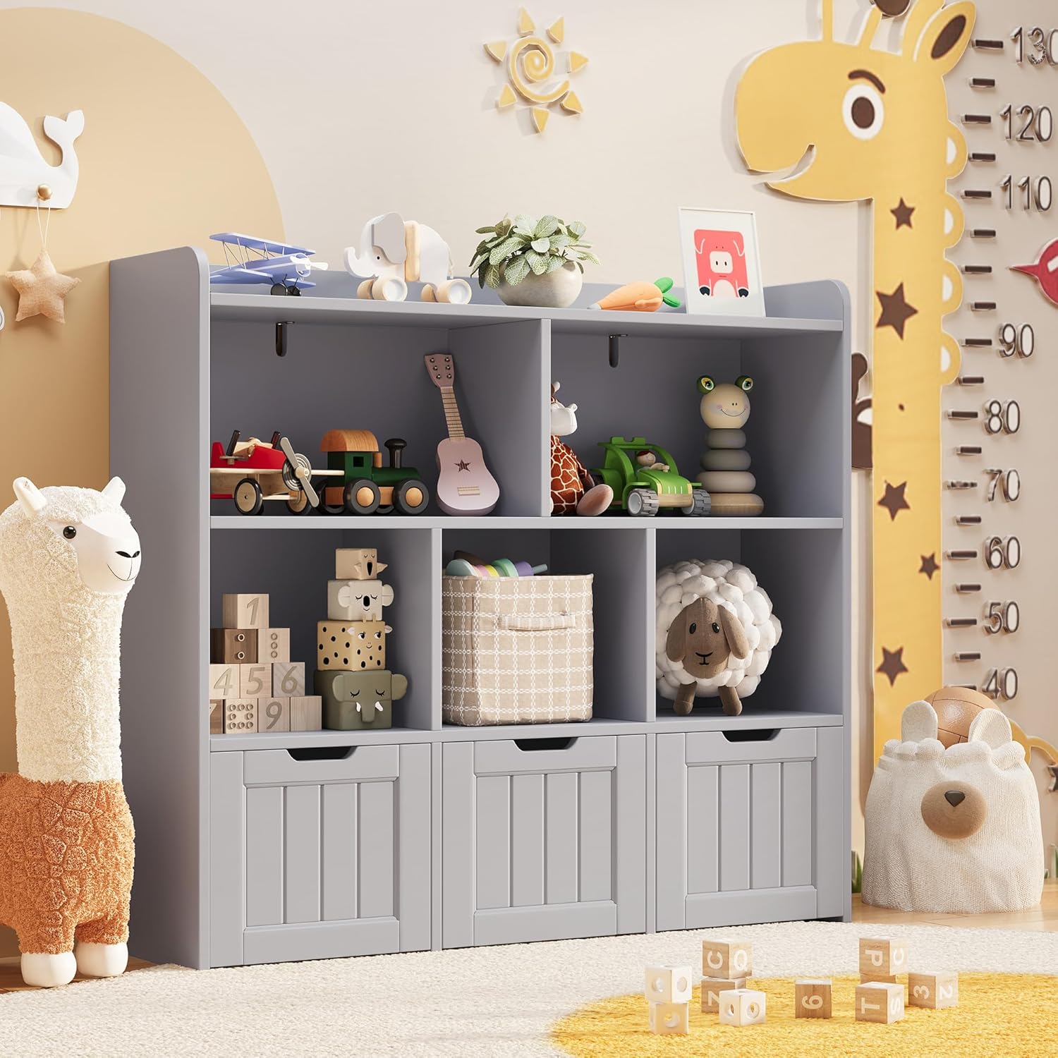 Gizoon Toy Storage Cabinet and Kids Bookcase with 3 Movable Drawers and 6 Open Shelves Featuring Fall Prevention Barrier for Playroom Nursery Kids Room Organization, Gray