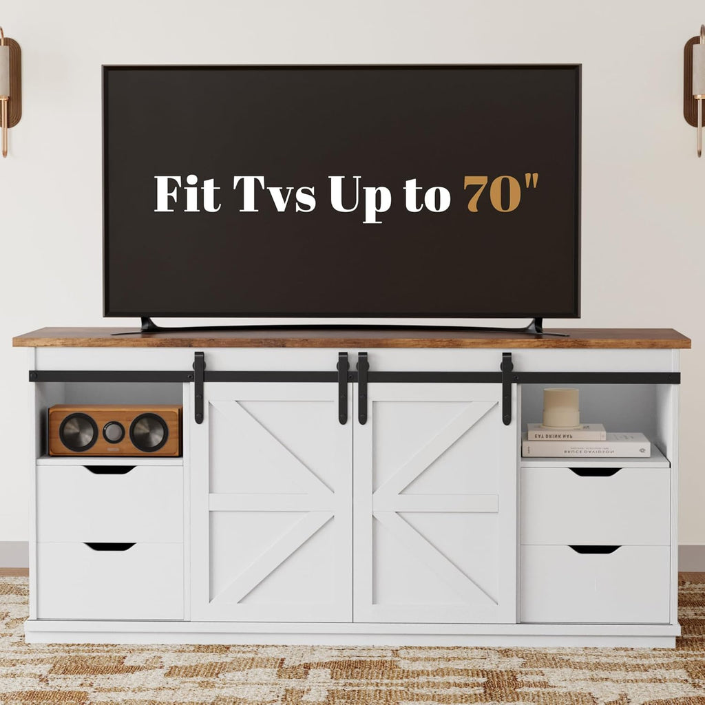 YESHOMY TV Stand for Televisions up to 65 Inchs, with Sliding Barn Doors and 4 Storage Drawers, Console Table and Media Furniture for Living Room, 58 Inch, Milk White