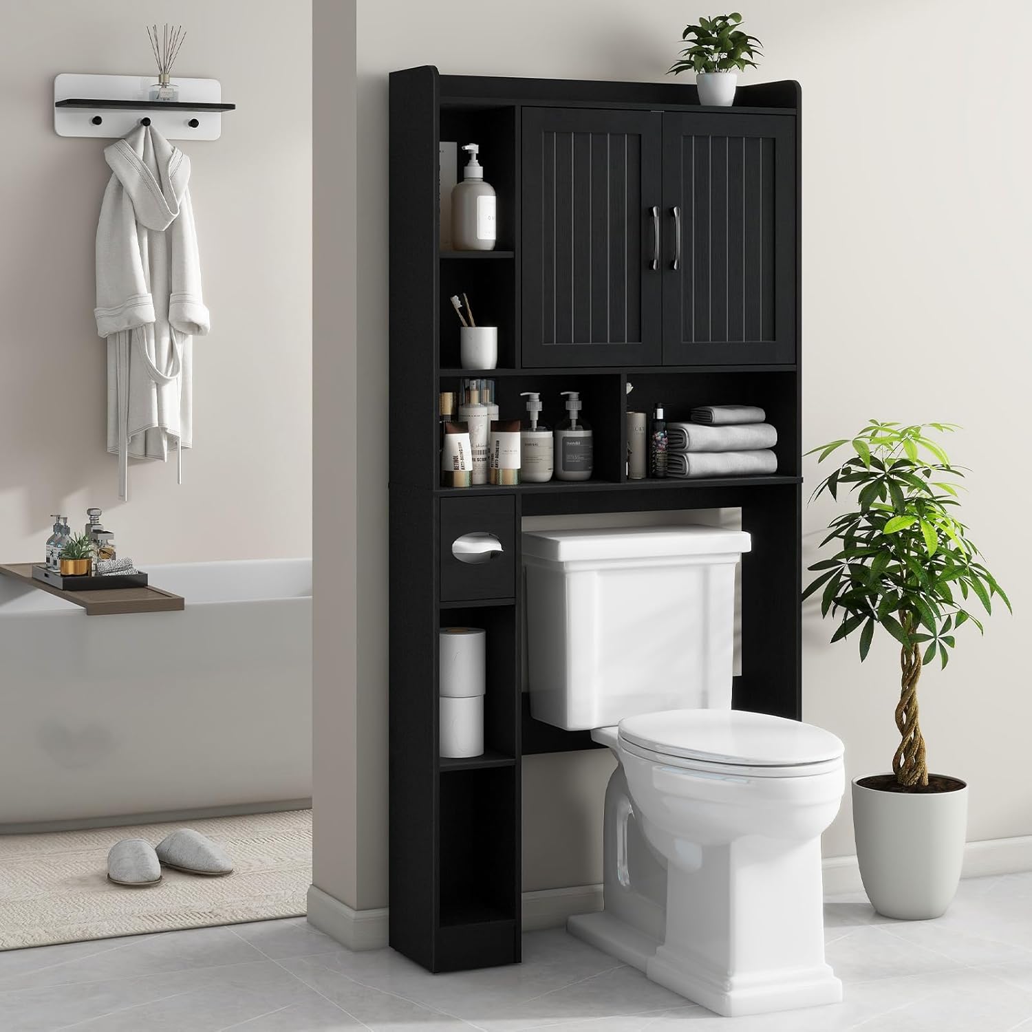 Vabches Over The Toilet Storage Cabinet, Farmhouse Storage Cabinet Over Toilet with Barn Door, Home Space-Saving Toilet Rack, for Bathroom, Restroom, LaundryBlack.