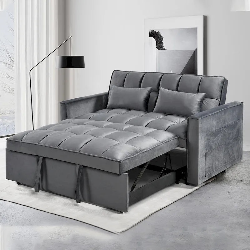 Modern Velvet Futon Loveseat with Reclining Backrest & Pockets, Seats 2 ?Dark Gray / Light Gray / Blue / Black
