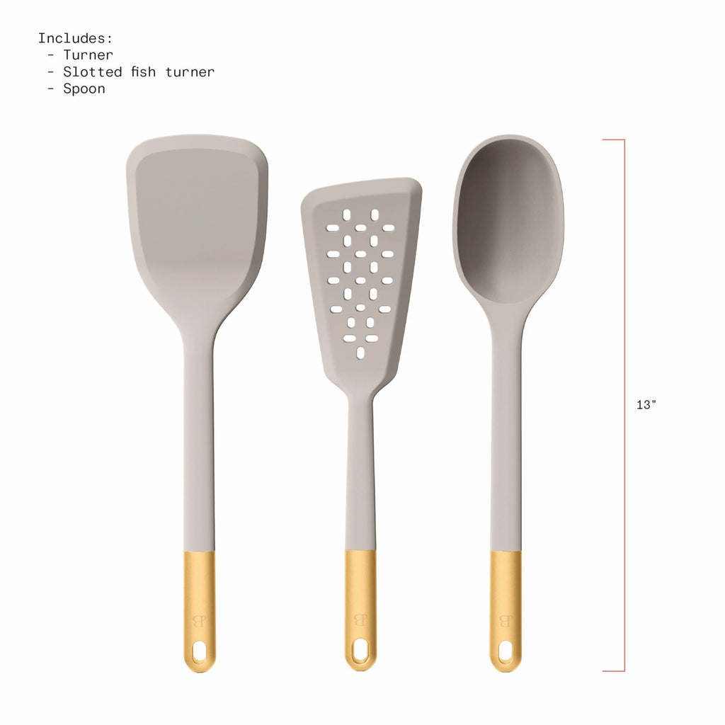 3-Piece Silicone Kitchen Utensil Tool Set, Porcini Taupe by Drew Barrymore