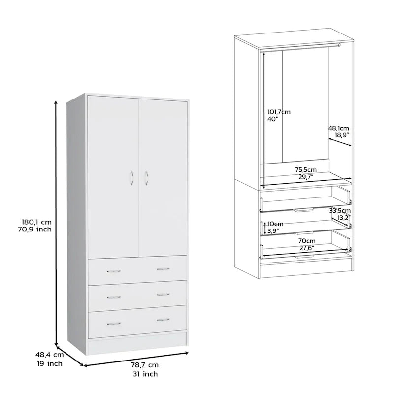 19 Modern Double-door Armoire with 3 Drawers and 1 Hanging Rod for Bedroom