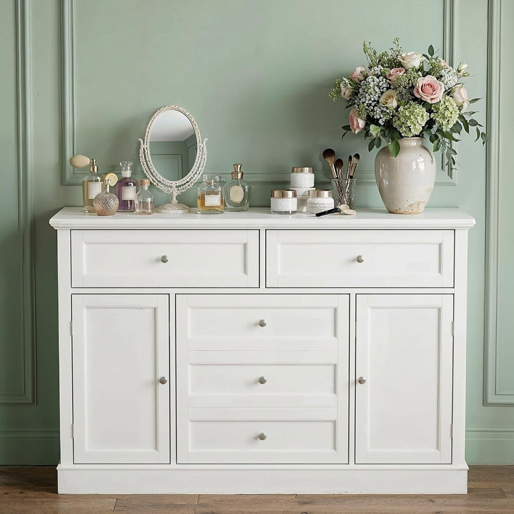 Timechee 46“ Baby Dresser with Changing Table Top, White Dresser with Storage Drawers and Doors for Nursery, Multifunctional Nursery Baby Changing Table Dressers, Diaper Station Cabinet for Kids Room