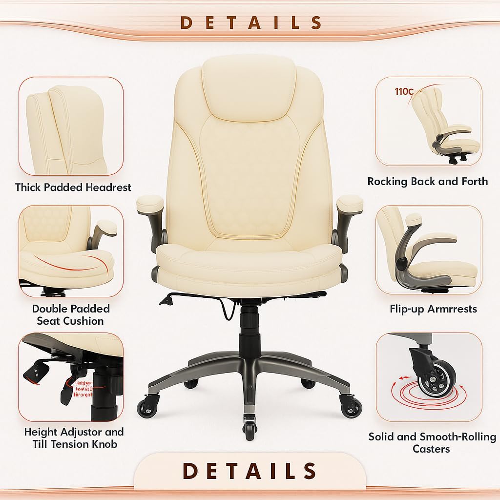 COLAMY Ergonomic High Back Office Chair, Ivory Bonded Leather Executive Desk Chair with Flip-up Arms, Thick Cushion, Silent Nylon Wheels, Adjustable Height & Rocking Function, 300lbs Capacity