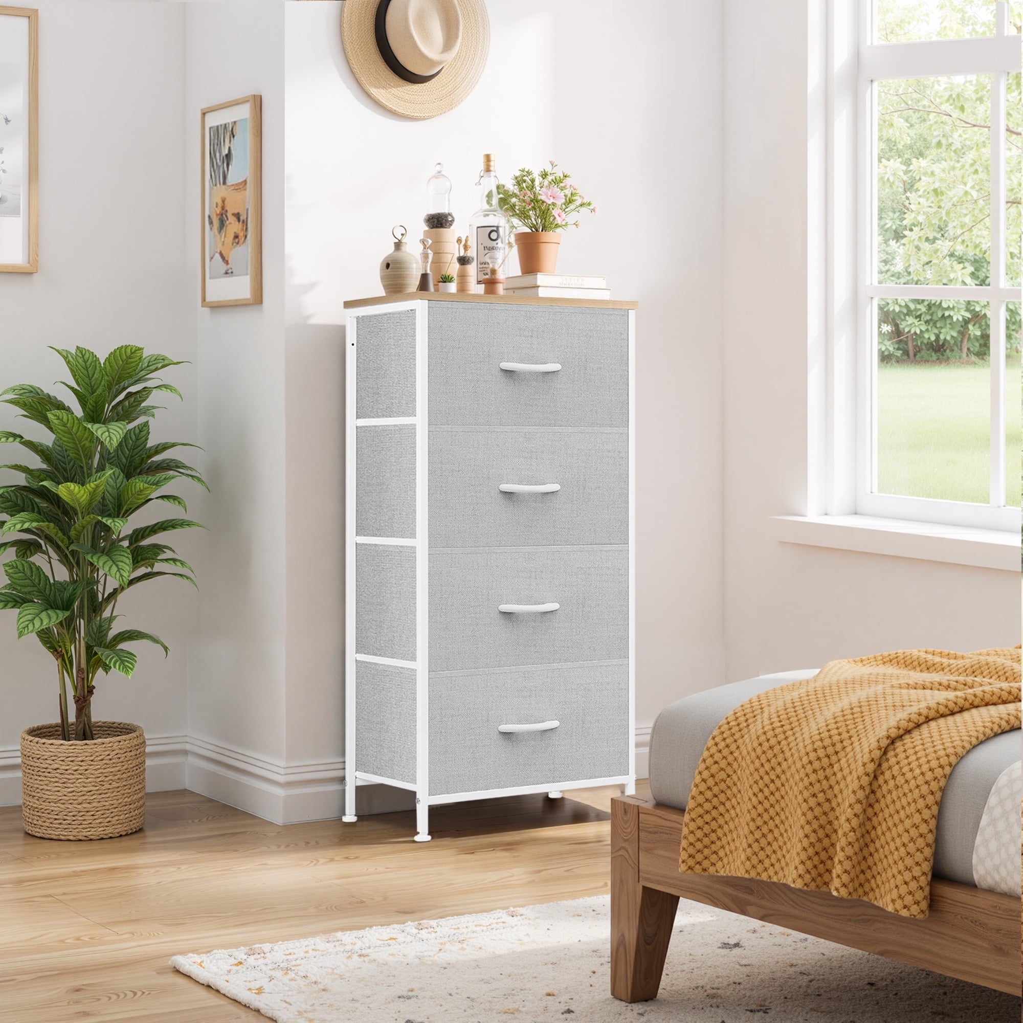 Dresser, Storage Organizer with 4 Drawers for Bedroom, Nightstands with Sturdy Metal Frame, Wood Tabletop for LivingRoom, Entryway,Black