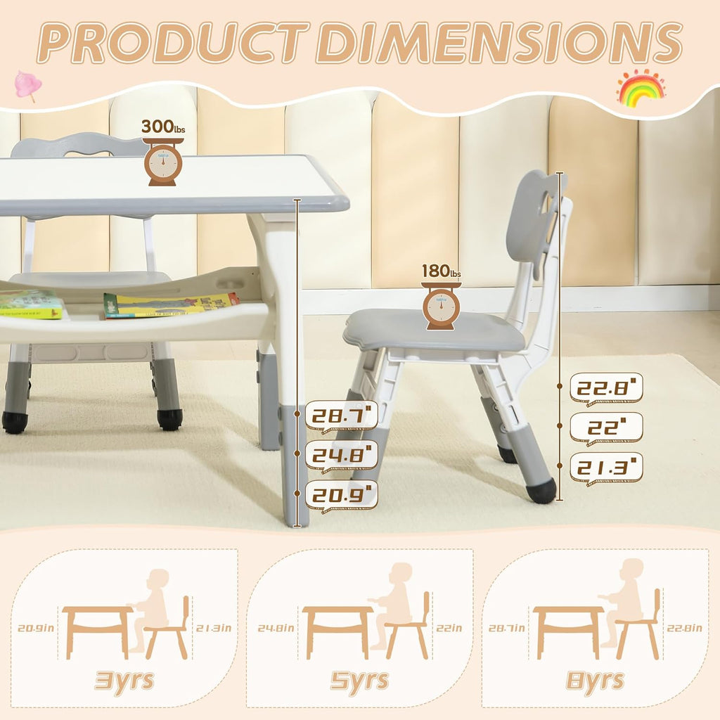Toddler Table and 2 Chairs, Kids Multi-Activity Table with Graffiti Desktop, Height Adjustable Kids Table and Chair Set, Ages 3-8