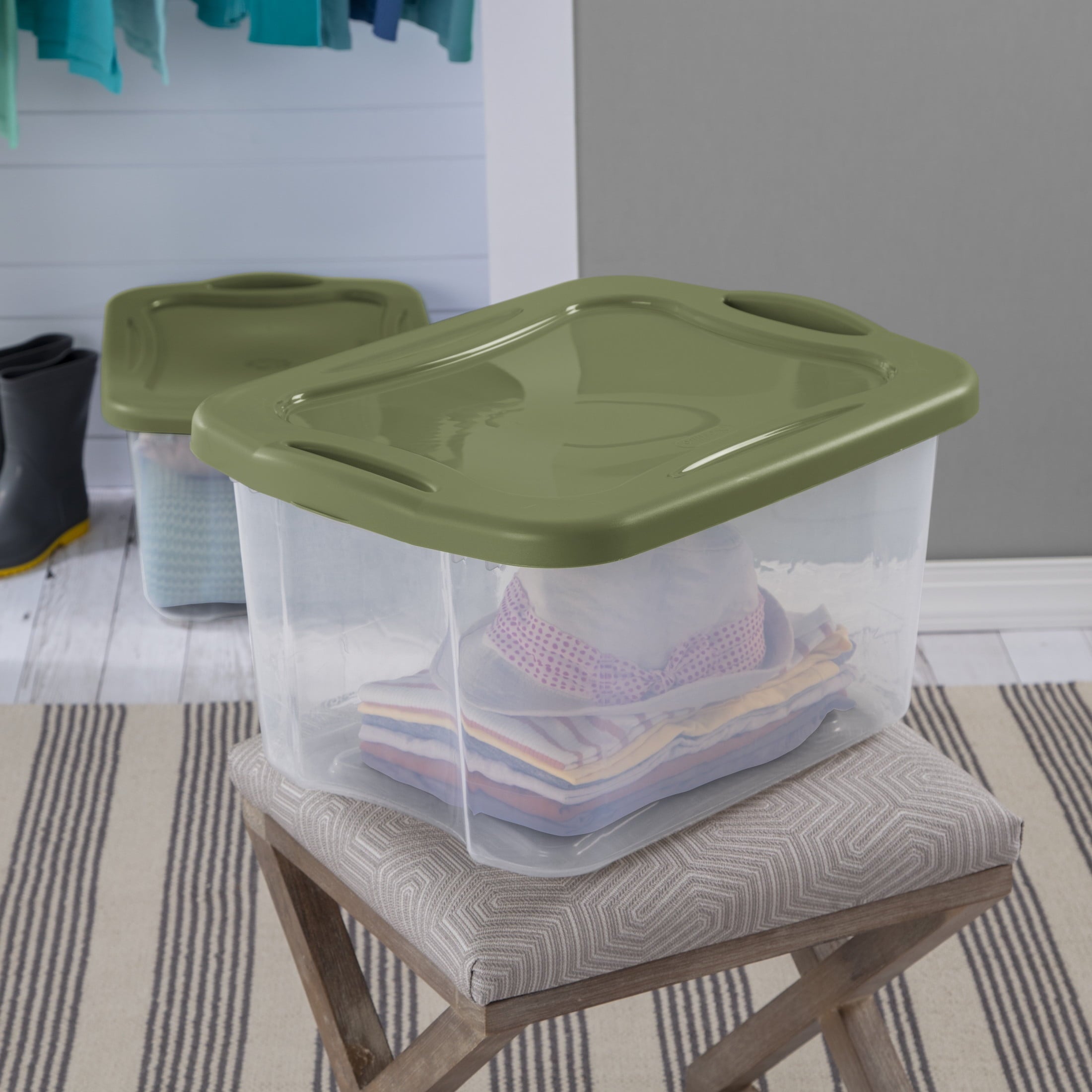 EZ Carry 40 Quart Medium Storage Bin, Clear Plastic Storage Container with Full-Grip Handles, Green