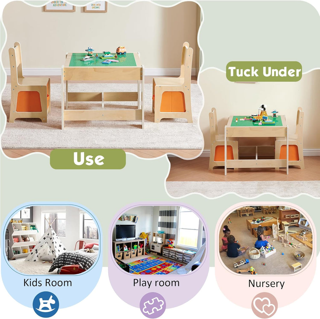 Wooden Kids Table and Chair Set, 3 in 1 Activity Table with Storage Drawer, 2 in 1 Detachable Tabletop Construction Play Table Set for Drawing, Reading