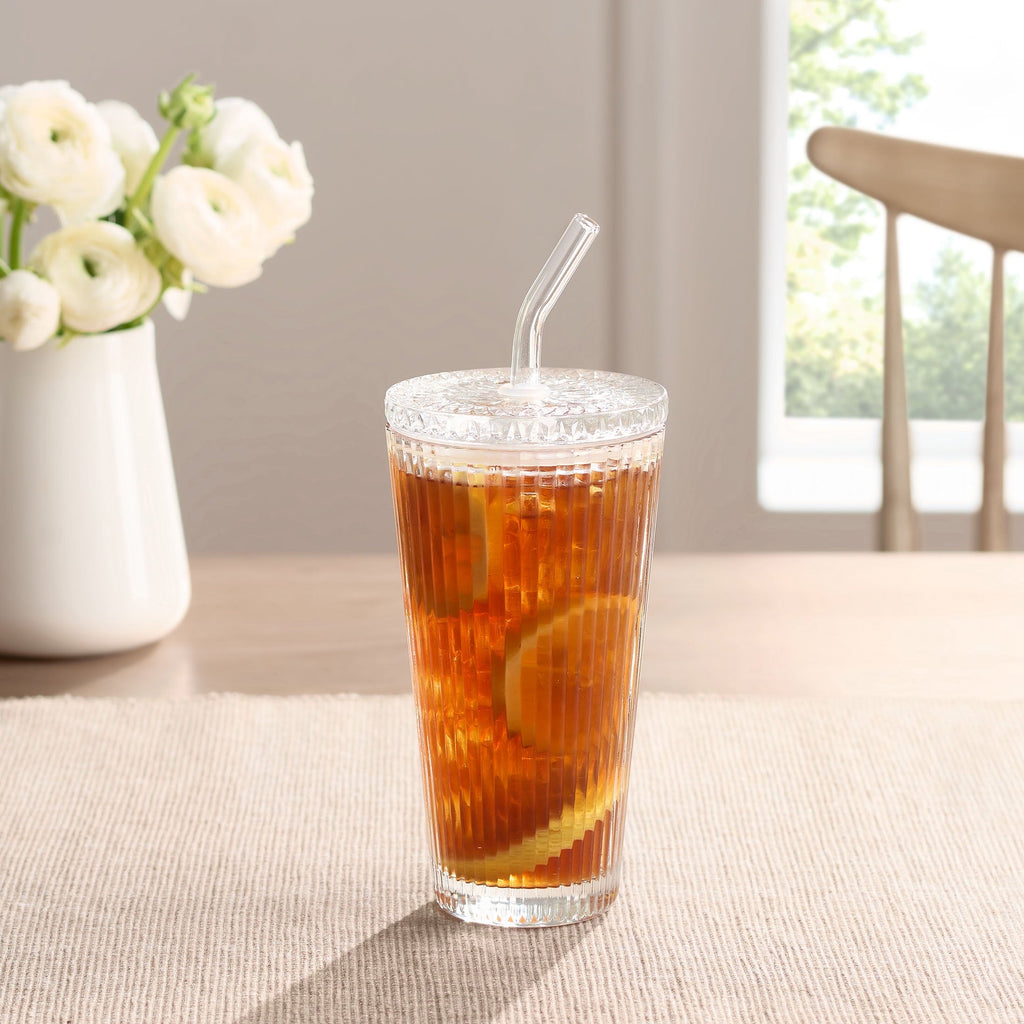 Better Homes & Gardens Glass 21oz Tumbler Ribbed with Glass Lid and Straw
