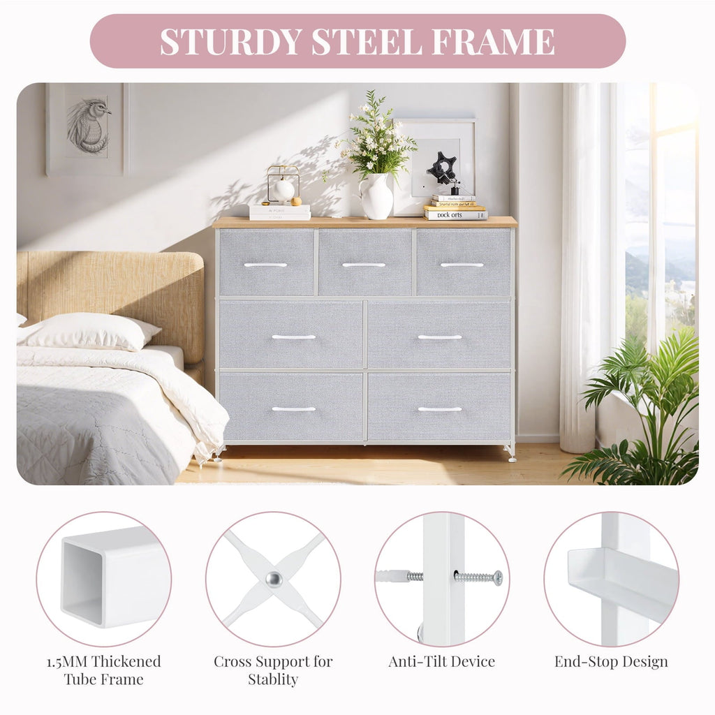 Dresser, Storage Organizer with 7 Drawers for Bedroom, Chest of Drawers with Fabric Bins, Sturdy Metal Frame, Wood Tabletop for Guest Room, Closet, Entryway, Nursery, Black