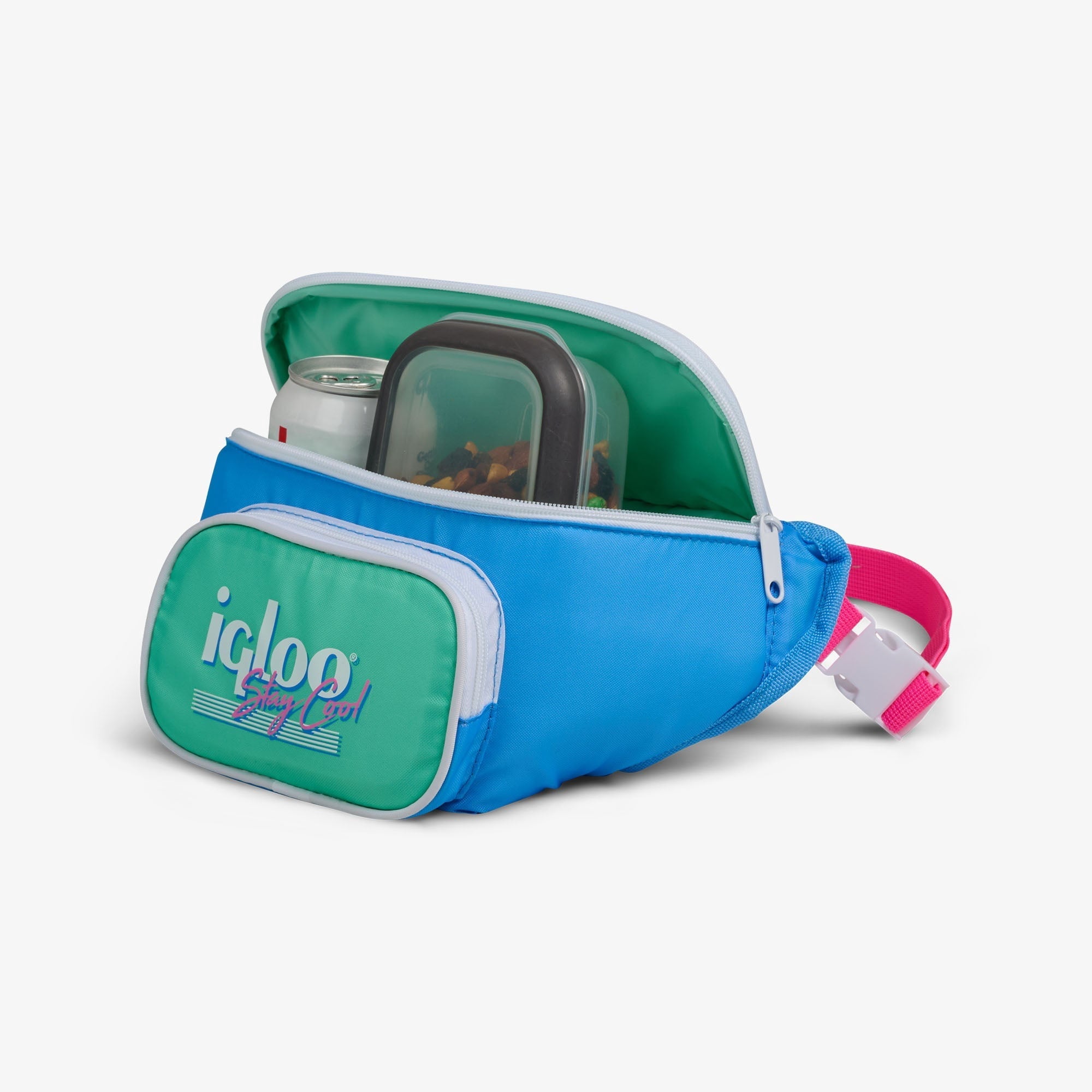 3 can Retro Fanny Pack Cooler Bag, Purple and Aqua Blue