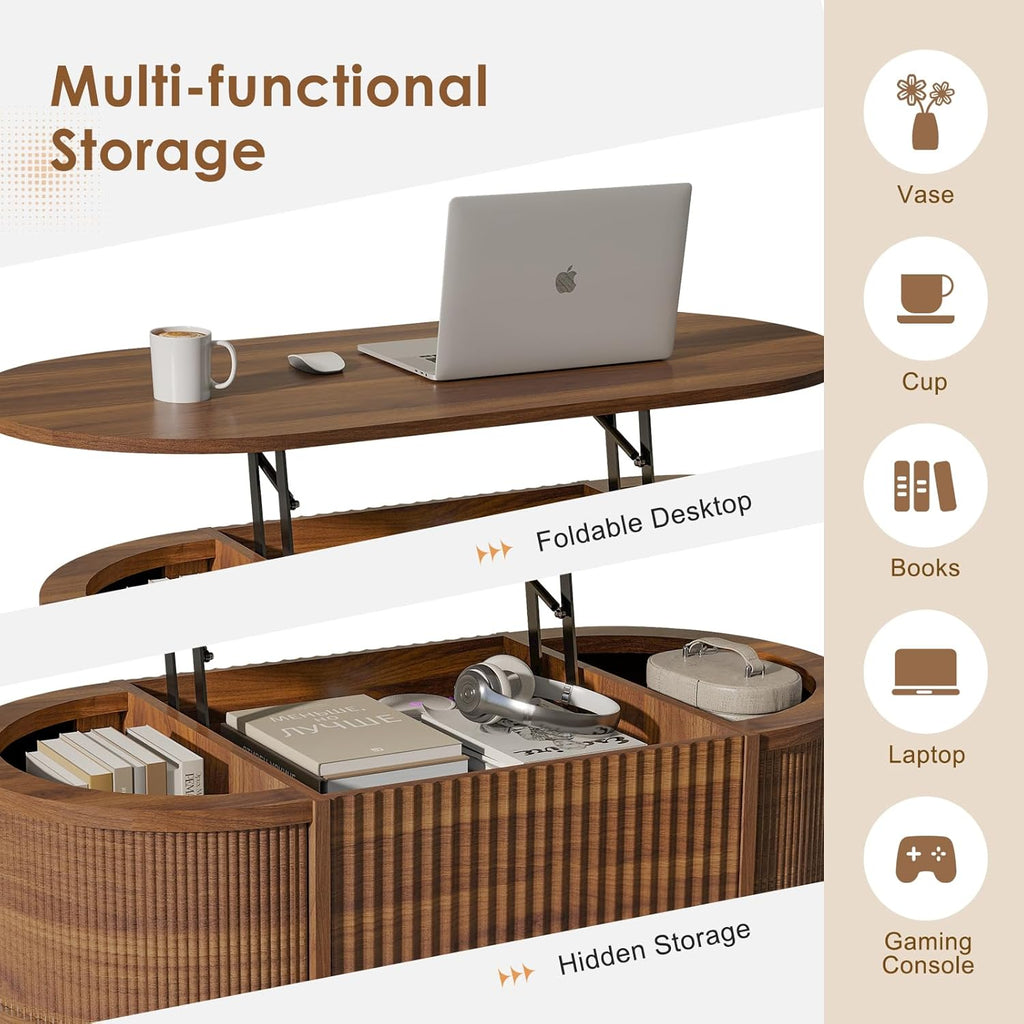 LYNCOHOME Fluted Lift Top Coffee Table with Storage,Modern Oval Coffee Table for Living Room or Home OfficeWalnut