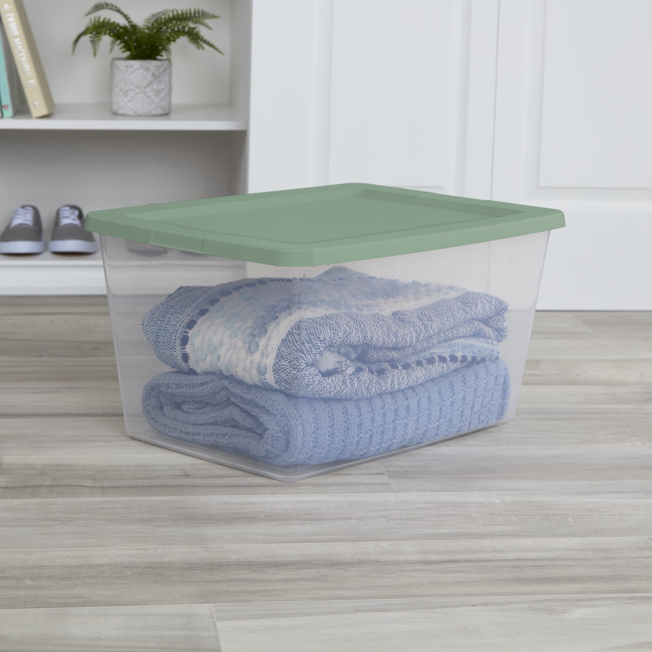 58 Quart Medium Storage Bin, Clear Plastic Storage Container with Snap-On Lid, White