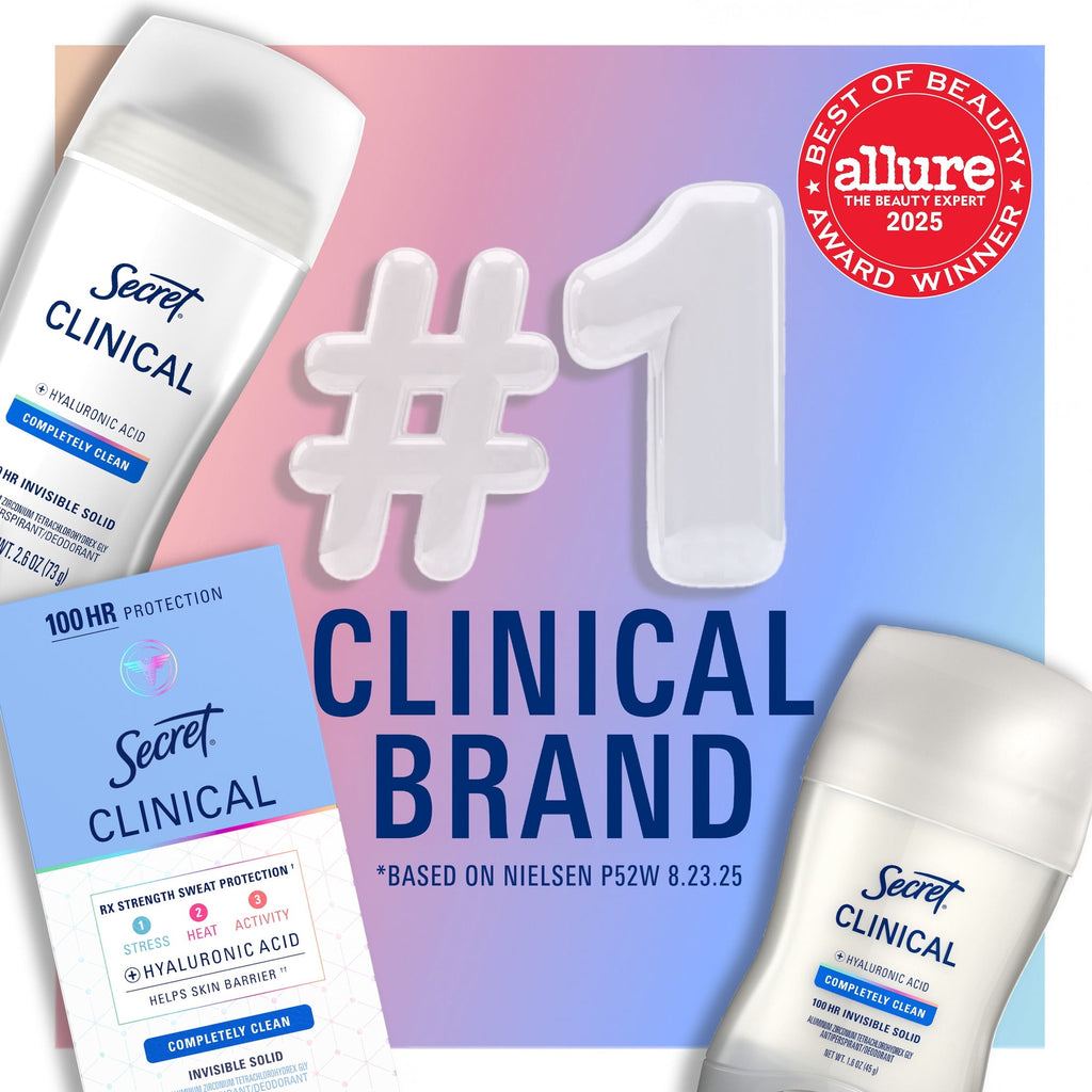 Clinical Antiperspirant Deodorant for Women, 100HR Sweat & Odor Protection, Hyaluronic Acid, Invisible Solid, Completely Clean, 1.6 oz