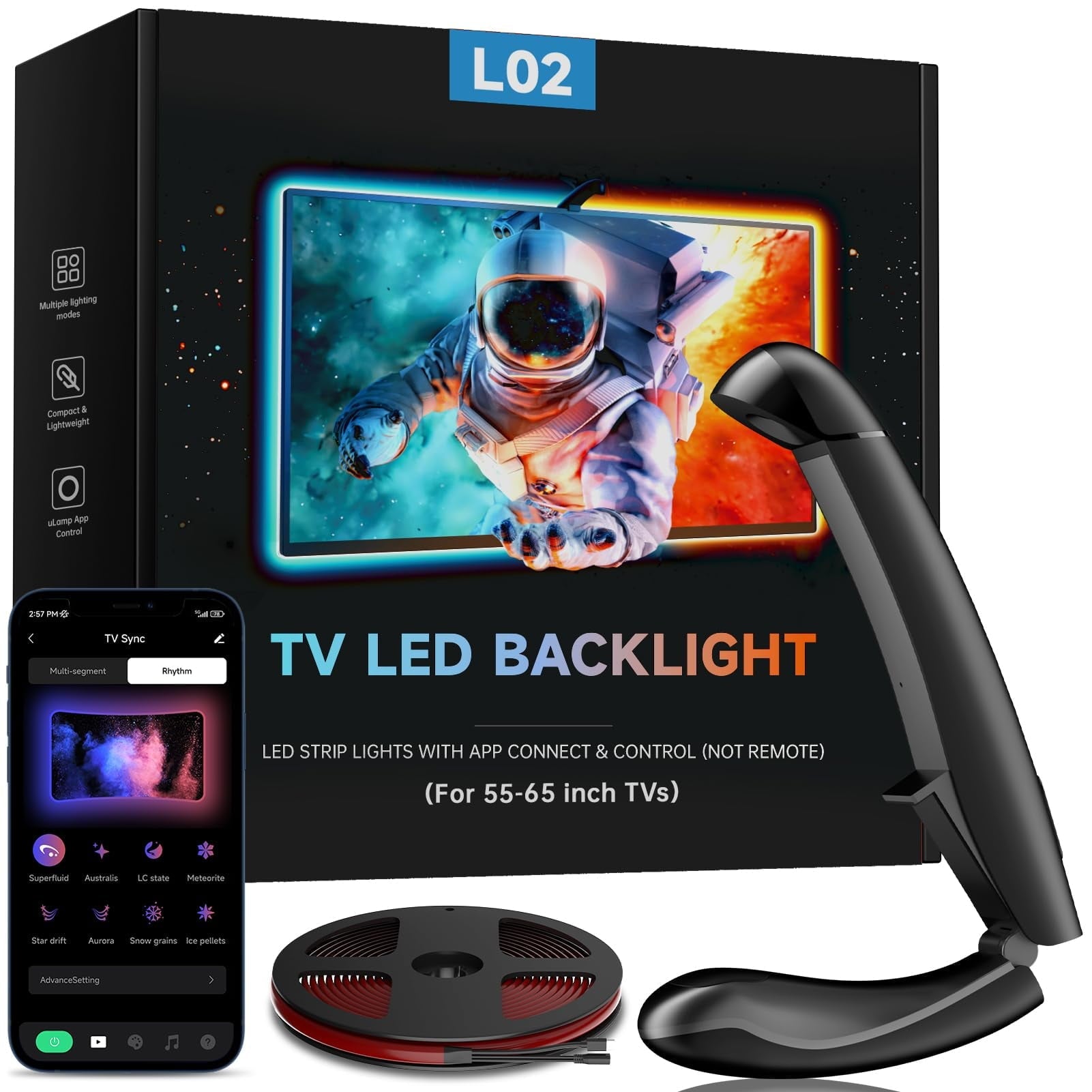 14.76ft TV LED Backlight with Screen Sync Sensor, App Control RGB Strip for 55-65" TVs, Game & Movie Color Changing