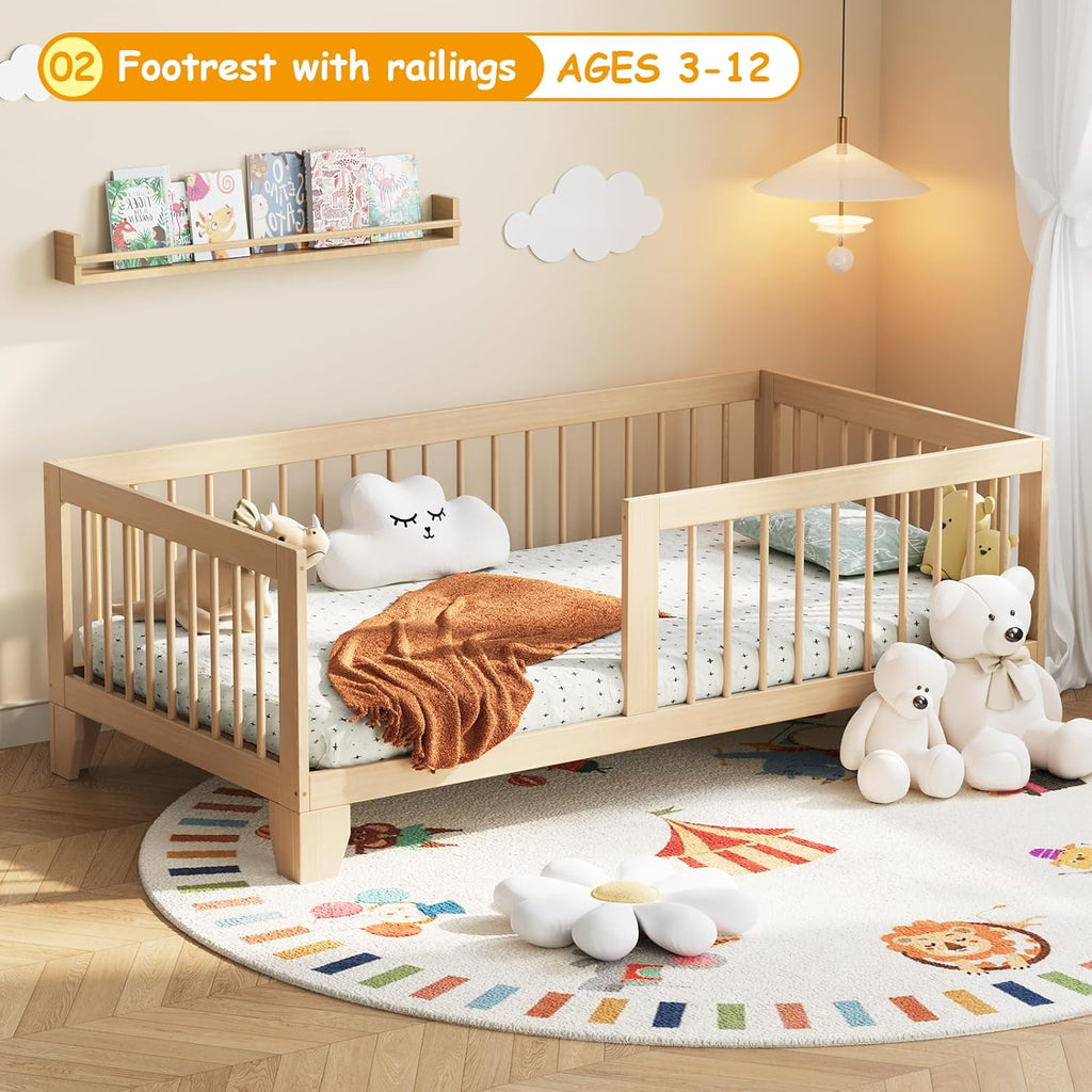 EXPERLAM Montessori Toddler Bed - Variable Twin Toddler Bed Frame with Removable Fences, Legs and 10 Board Slats, Toddler Floor Bed with Sturdy Wooden, Floor Bed for All Ages Kids, Bedroom, Livingroom
