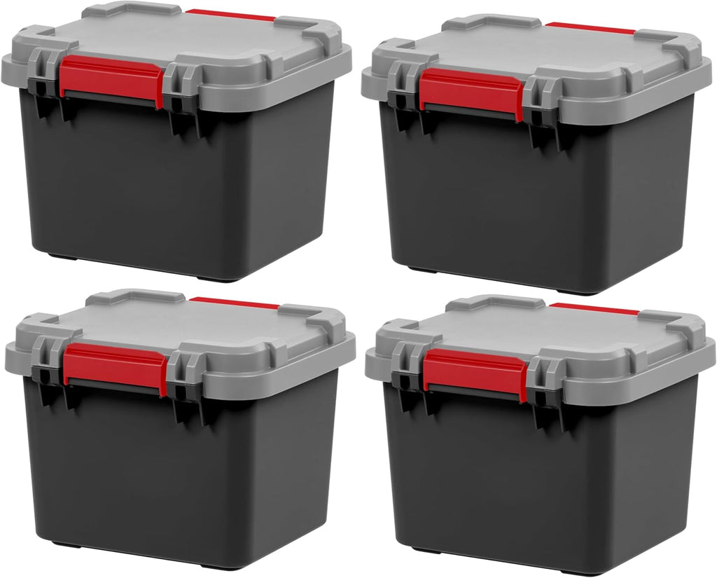 IRIS USA 4 Pack TrailBox, 8 Gallon Lockable Storage Trunk Box, Truck Bed Bin Heavy-Duty Containers Camping Gear, Adventure Chest - Dark Gray/Gray