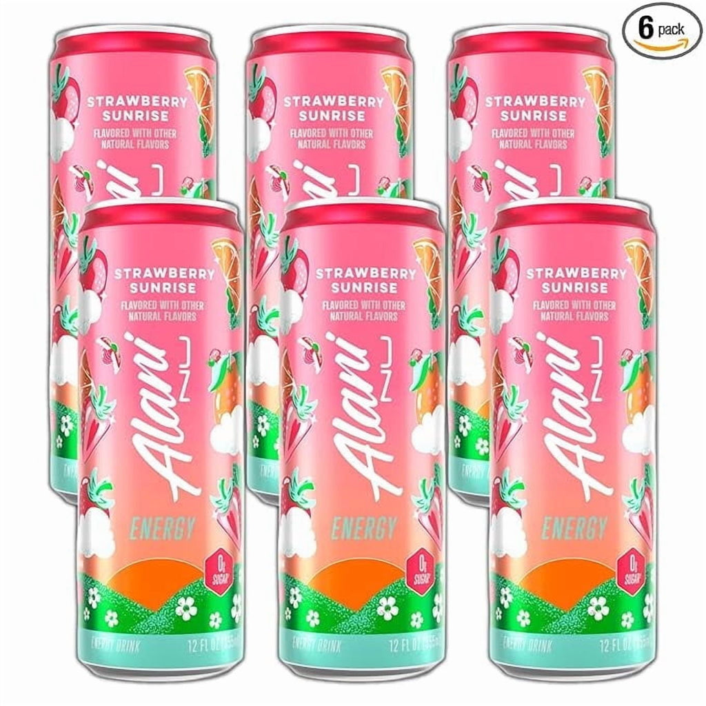 New Alani Energy Drinks Strawberry Sunrise Low - Calorie, Zero Suger, Energy Boost Drinks 12 oz (6 Pack)