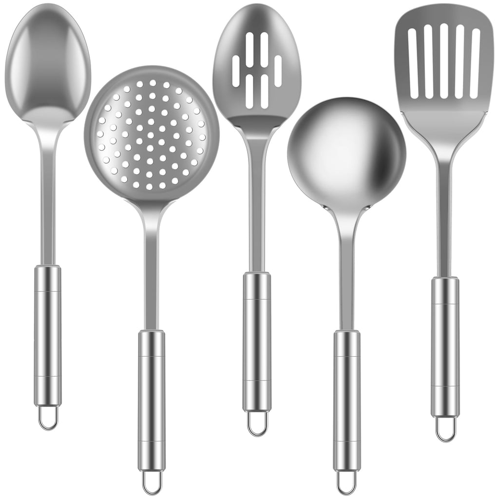 cooking utensils sets 5pcs Metal Stainless Steel Utensil for Cooking Kitchen Cooking Utensils Set Kitchen Gadgets Tools Set Spoons Spatula Sets with Handle Hanging Hole