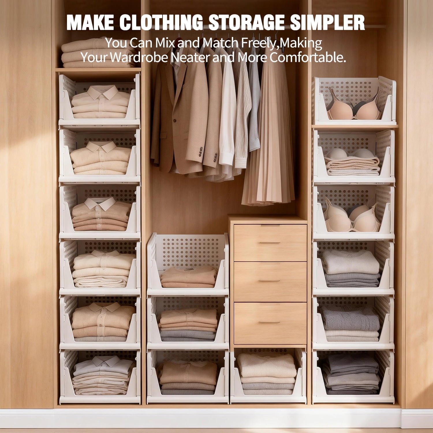5 Pack Closet Storage Basket, Multifunctional Closet Organizer for Kitchen Bathroom Laundry Room Wardrobe Storage, Clothes Storage Drawer Organizer, White