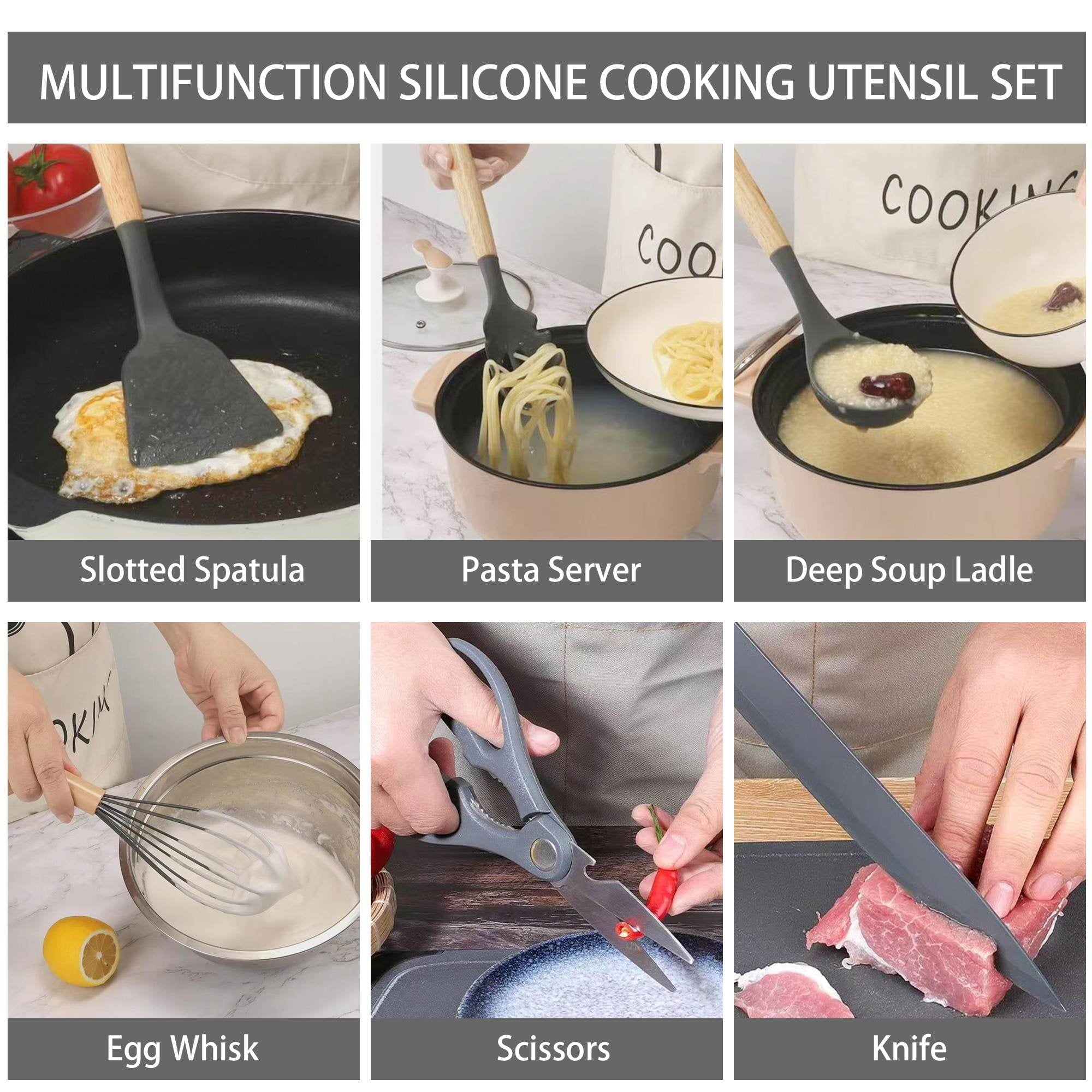 19-Piece Silicone Kitchen Utensil & Knife Set - Heat-Resistant Cooking Tools Non-Stick Safe Gift for Mom or Women Black