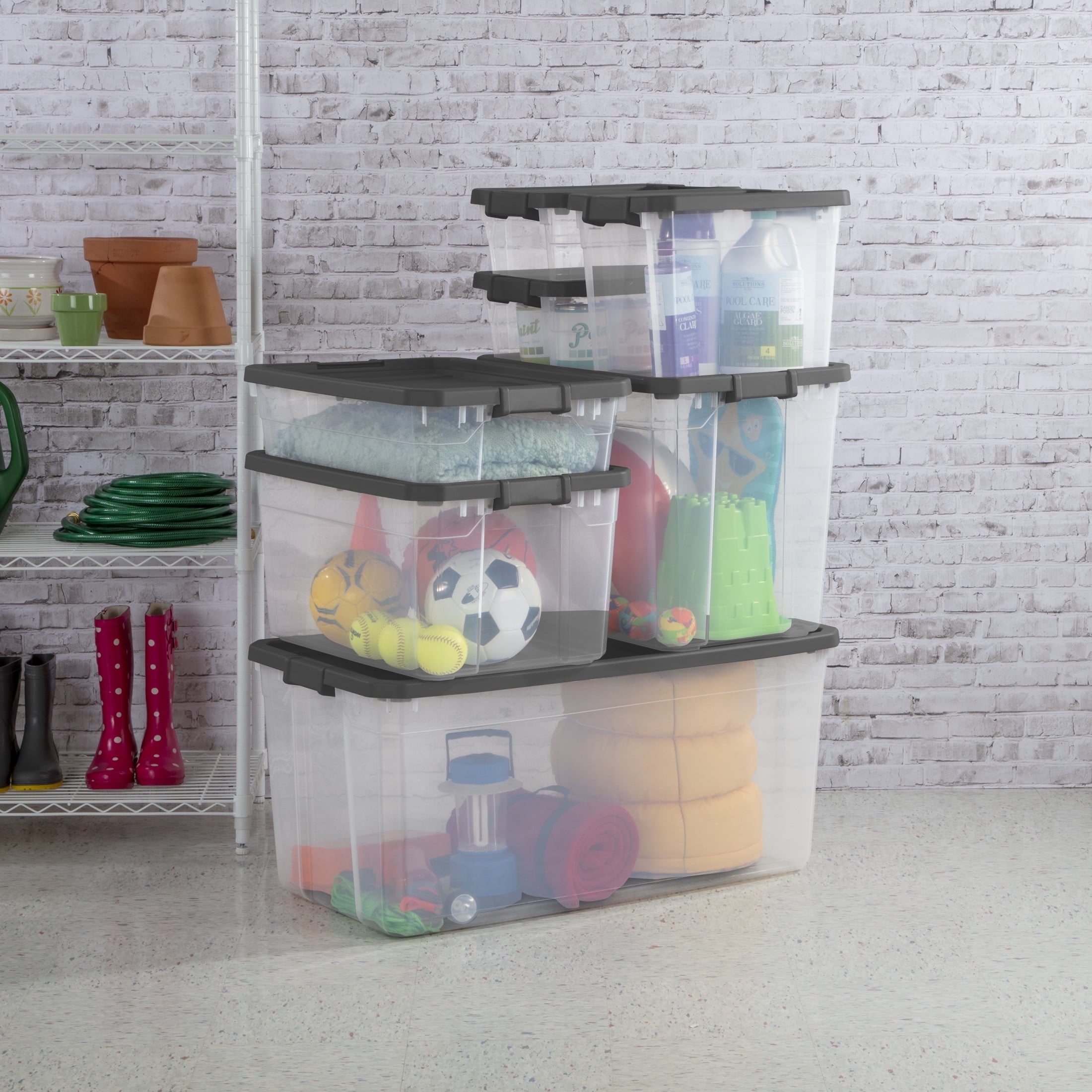 76 Quart Stacker Storage Bin, Clear Plastic Storage Container with Latch Lid, , Dark Gray