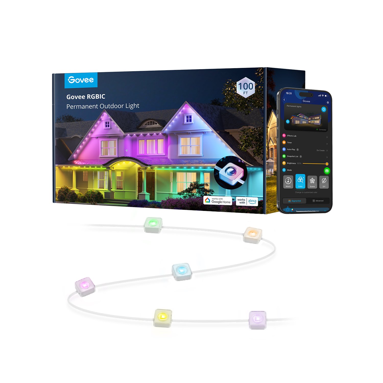 100ft RGBIC Permanent Outdoor Lights with 72 Lights, White version