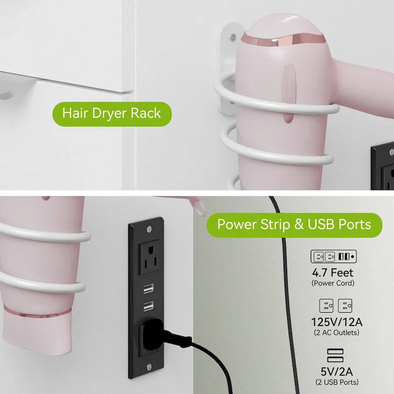Moasis 46 Vanity With Built-in Socket With Illuminated Mirror and Hair Dryer Rack - 55.8 H X 46 W X 11.7 D