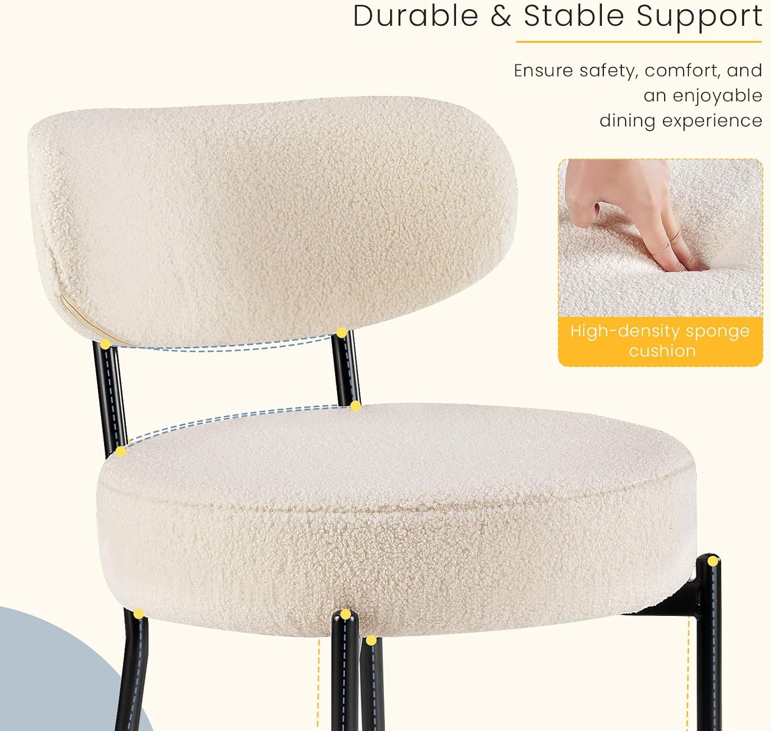 DUMOS Dining Chairs Set of 4, Mid Century Modern Chair Round Upholstered Curved Backrest, Kitchen Vanity Living Room Chairs with Black Metal LegsLight Beige