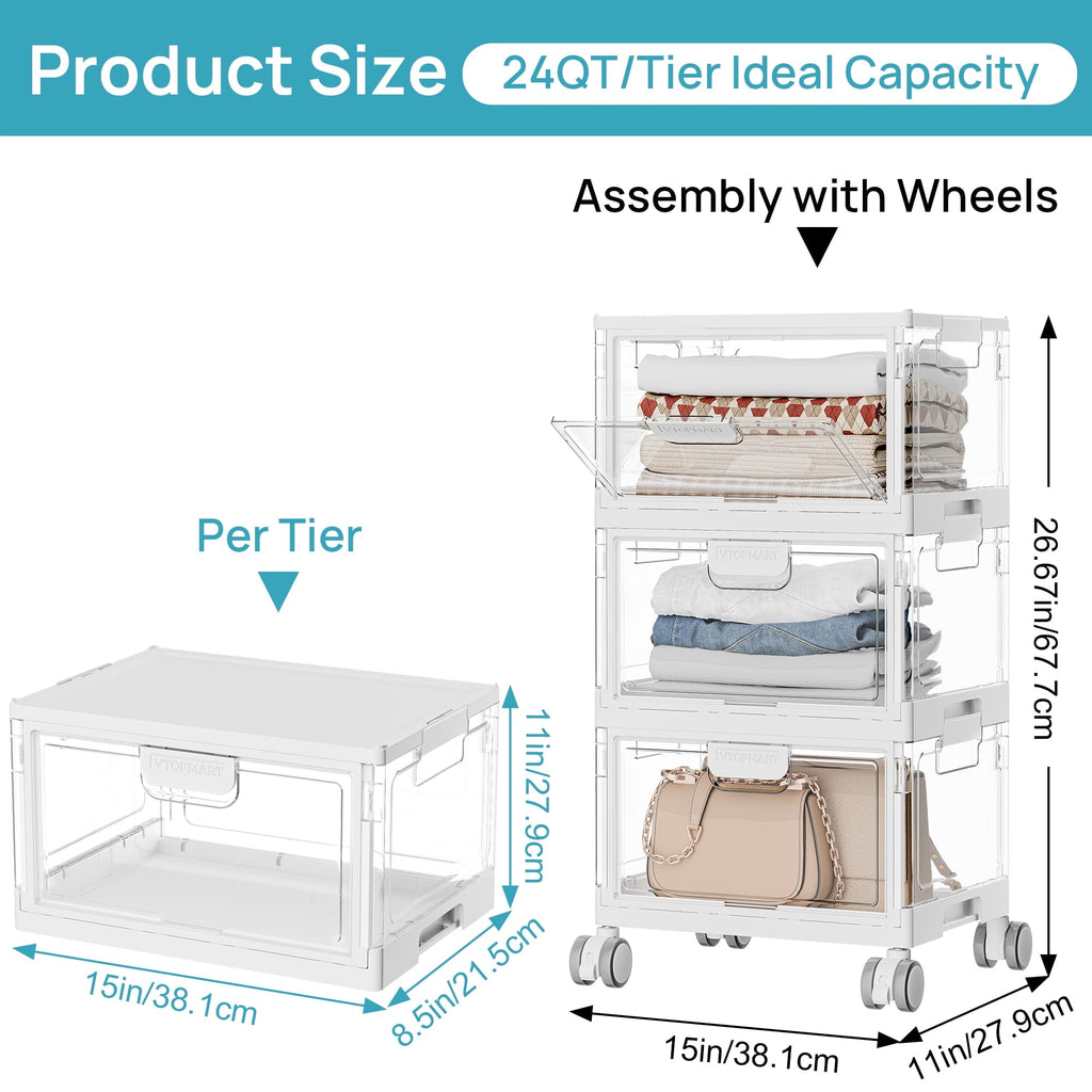 3-Layer Storage Bins, 72Qt Large Storage Containers with Lids, Storage Bins with wheels for Home Office Bedroom, Bathroom, White
