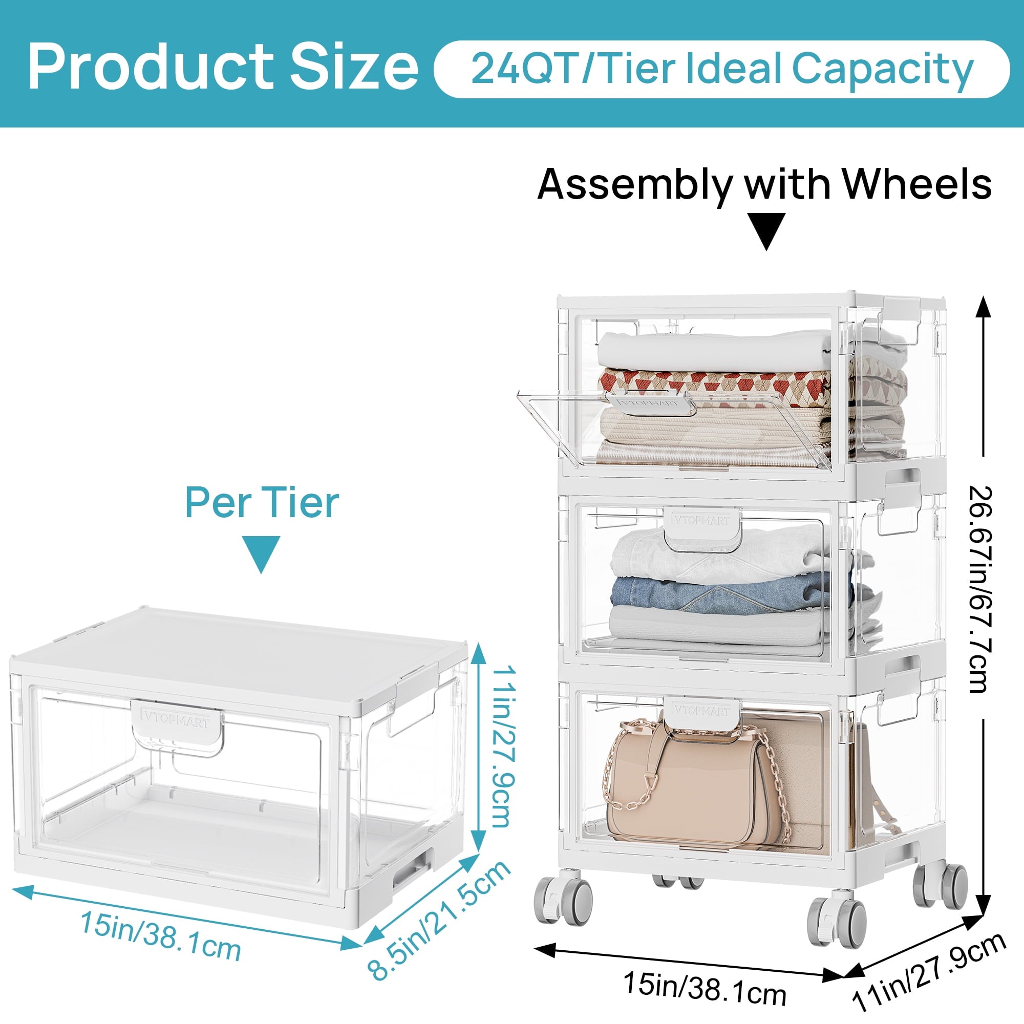 3-Layer Storage Bins, 72Qt Large Storage Containers with Lids, Storage Bins with wheels for Home Office Bedroom, Bathroom, White
