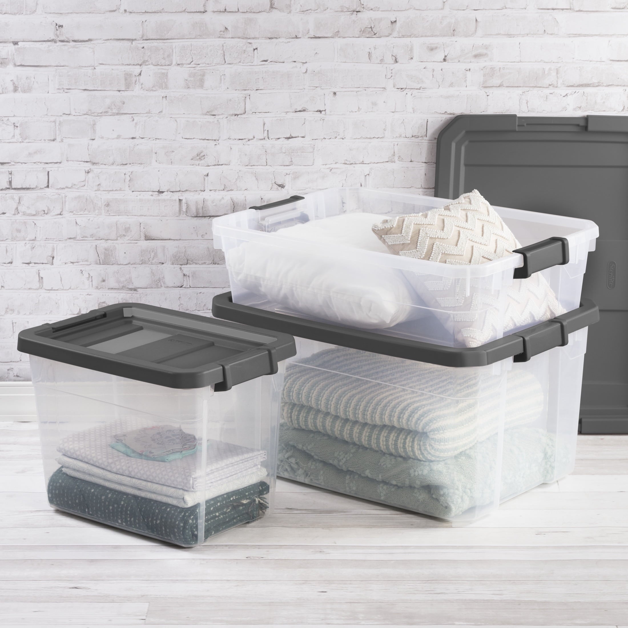 40 Quart Medium Storage Bin, Clear Plastic Underbed Storage Container with Latch Lid, Dark Gray