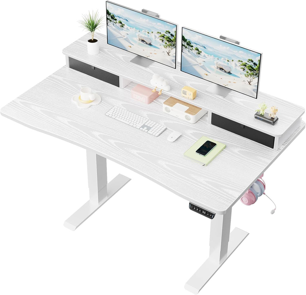 Veken 47.2"×27.6" Home Office Standing Desk with Monitor Riser, Adjustable Computer Desk with Drawers, Ergonomic Desk for Work, Study, Gaming, Crafting, White