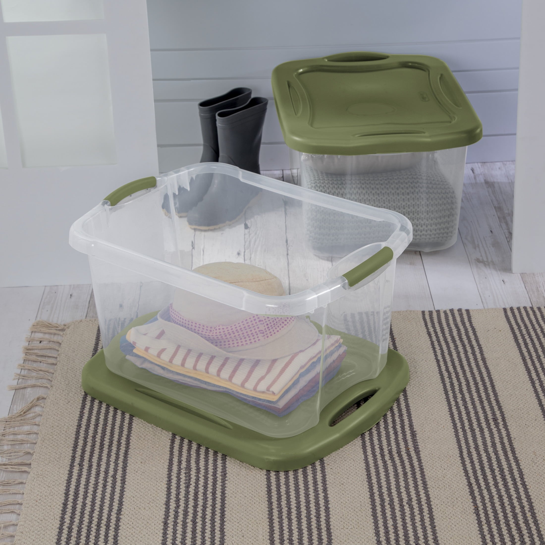 EZ Carry 40 Quart Medium Storage Bin, Clear Plastic Storage Container with Full-Grip Handles, Green