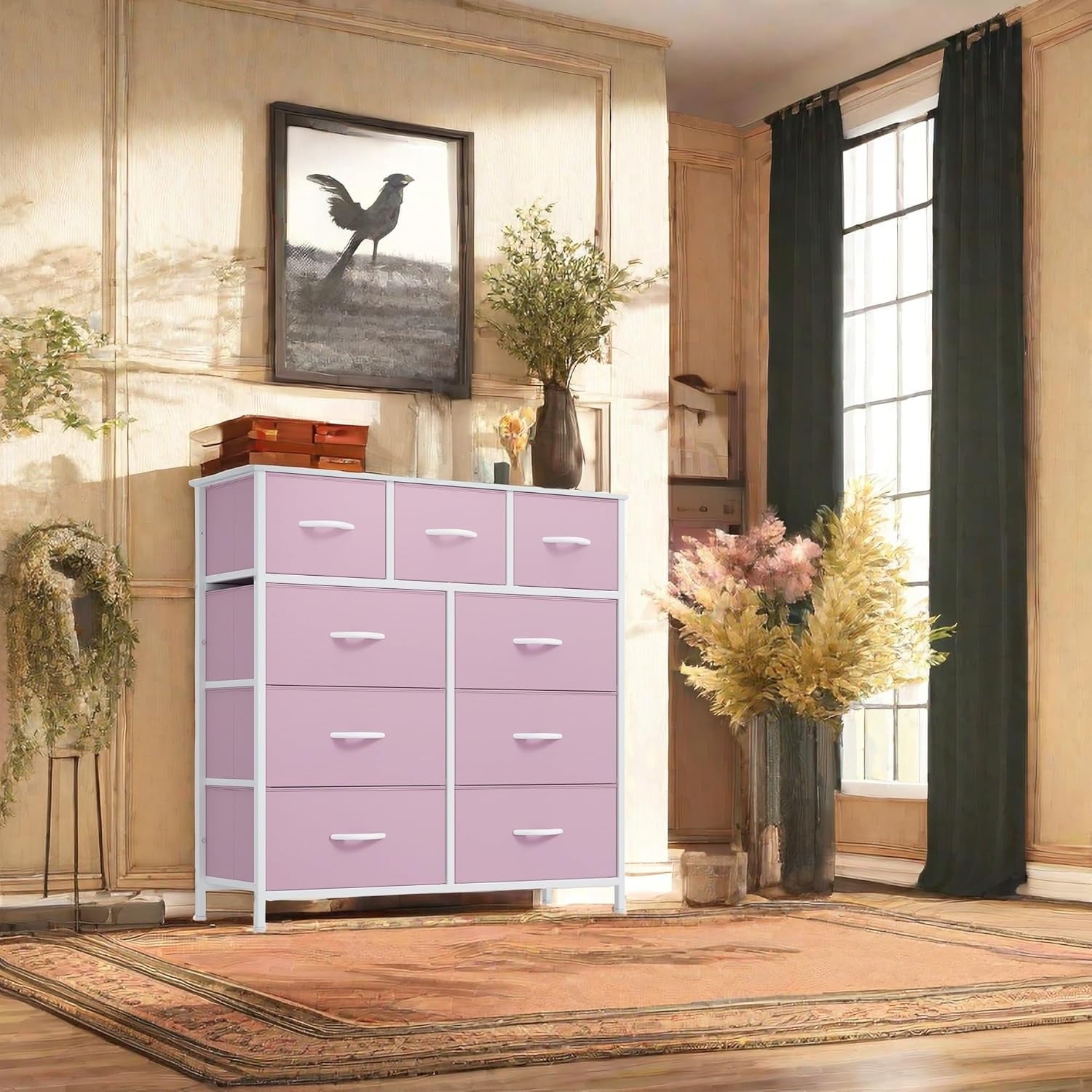 Dresser, Storage Organizer with 9 Drawers for Bedroom, Chest of Drawer with Fabric Bin, Sturdy Metal Frame, Wood Top for Closet, Nursery,Black