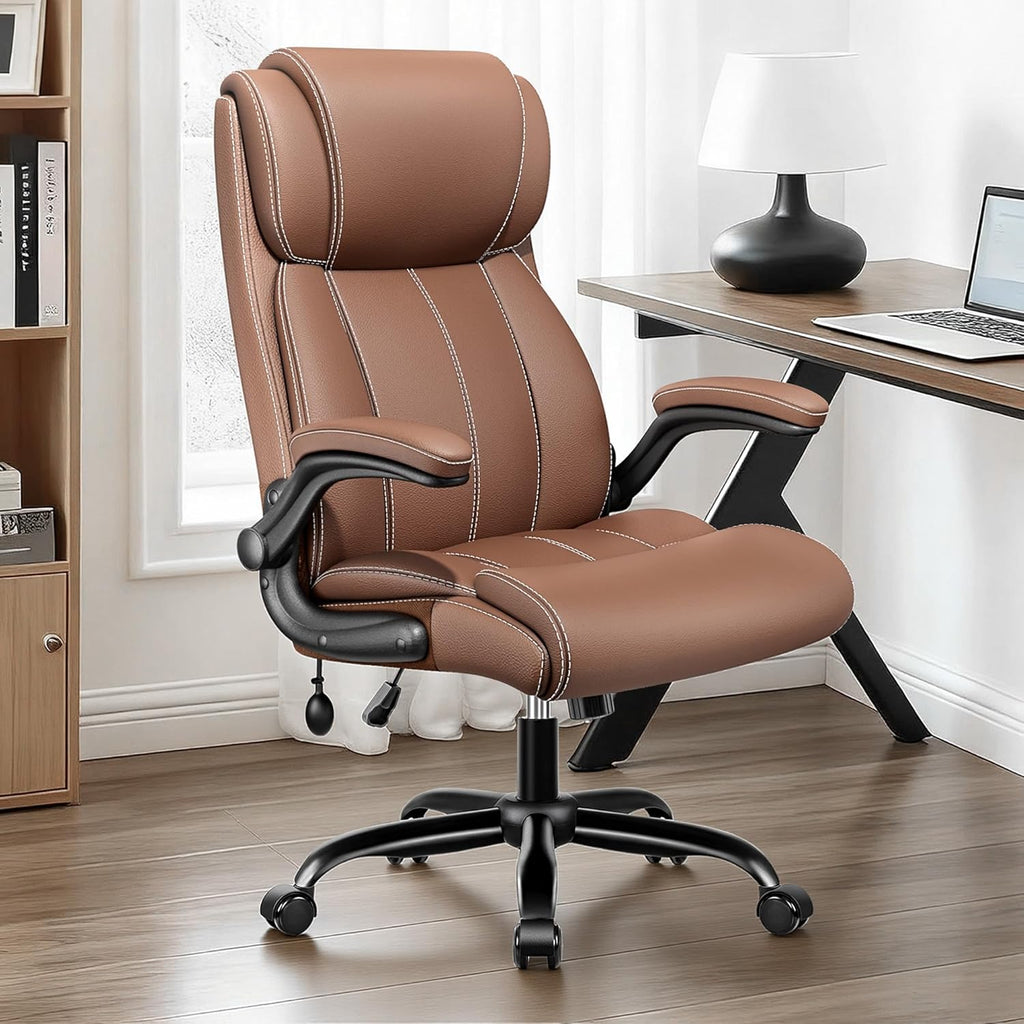 BESTFAIR Ergonomic Office Chair - Home Desk Computer Chair, Leather High Back Executive Chairs with Adjustable Lumbar Support & Flip-up Arms, Rocking Swivel Comfy, Brown